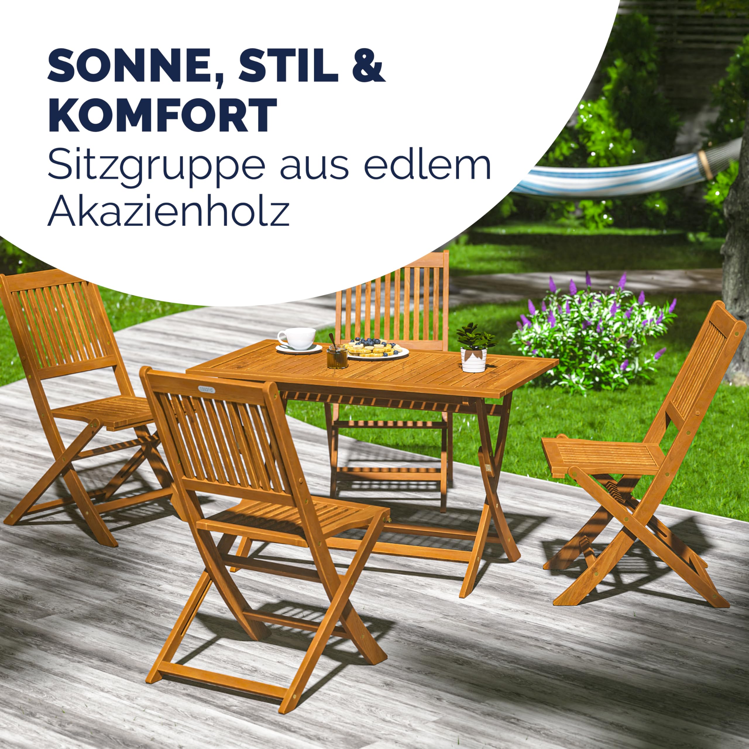 Casaria® Gartenmöbel Set Modell 2026 - NEU: Extra Stabiler Tisch mit umlaufender Verstärkungsleiste 5-teilig aus FSC® Akazienholz, 4 Stühle, klappbar für Garten & Balkon