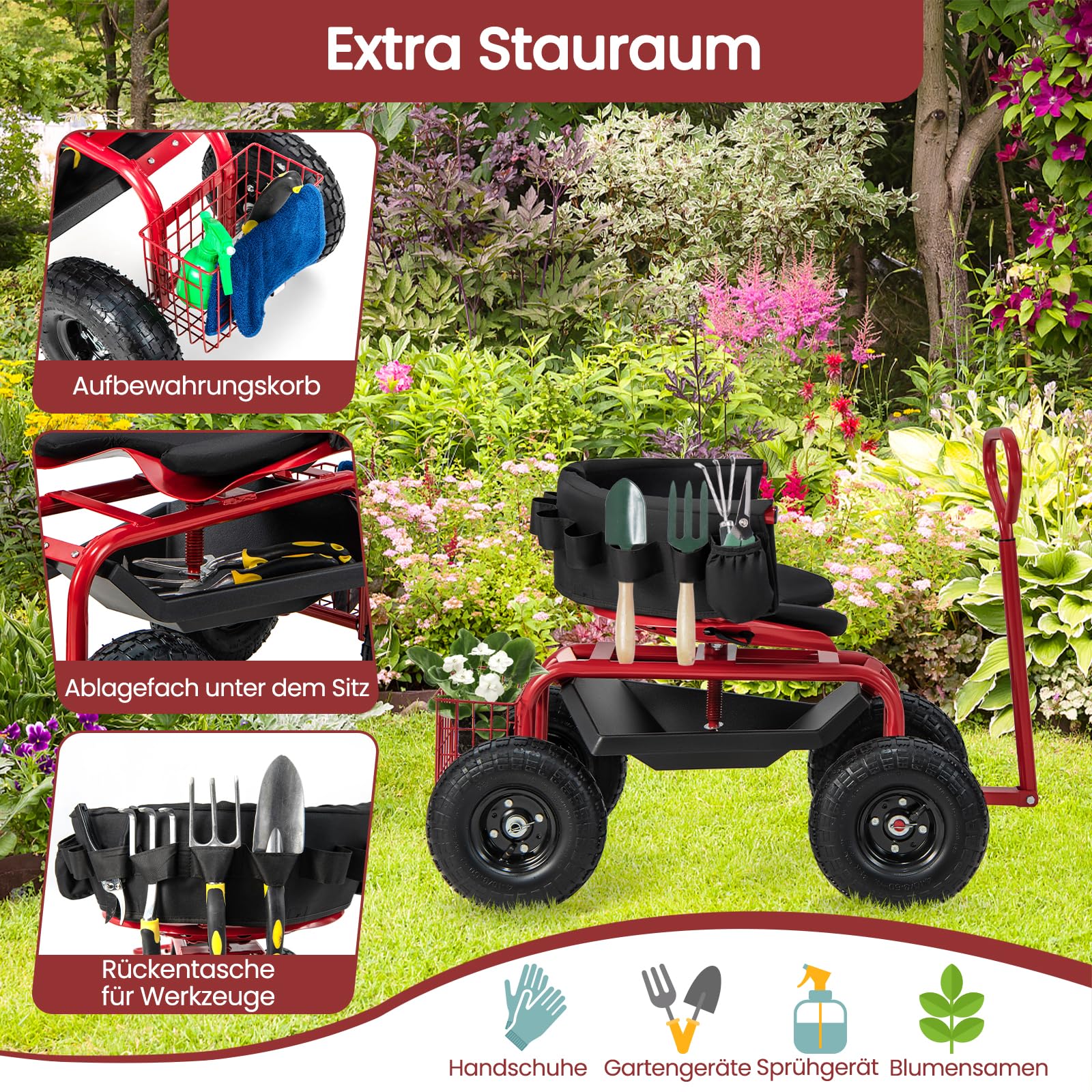 GOPLUS Rollsitz, Mobiler Gartensitz mit Griff, Höhenverstellbarer drehbarer Arbeitssitz mit Rückenlehne, Gartenwagen mit Stauraum für Gartenarbeit, bis 135 kg (Rot)