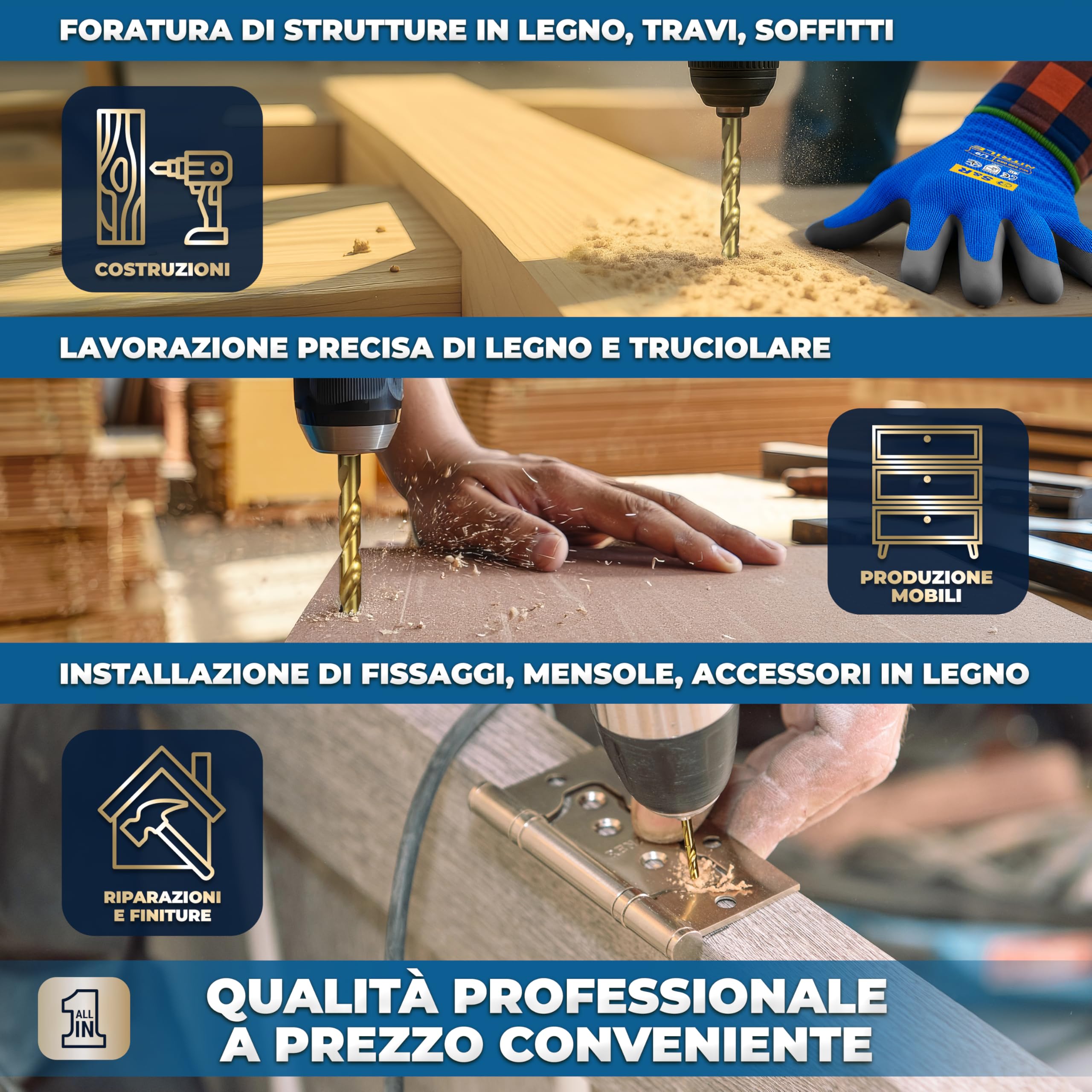 S&R Set 25 Punte Trapano Legno da 1 a 13 mm. Punte in Acciaio HSS 4241, Rivestimento Tin, per Fori Tondi Precisi. Accatto Cilindrico. Per Legno Massiccio, Lamellare, Truciolare con Scatola di Metallo.