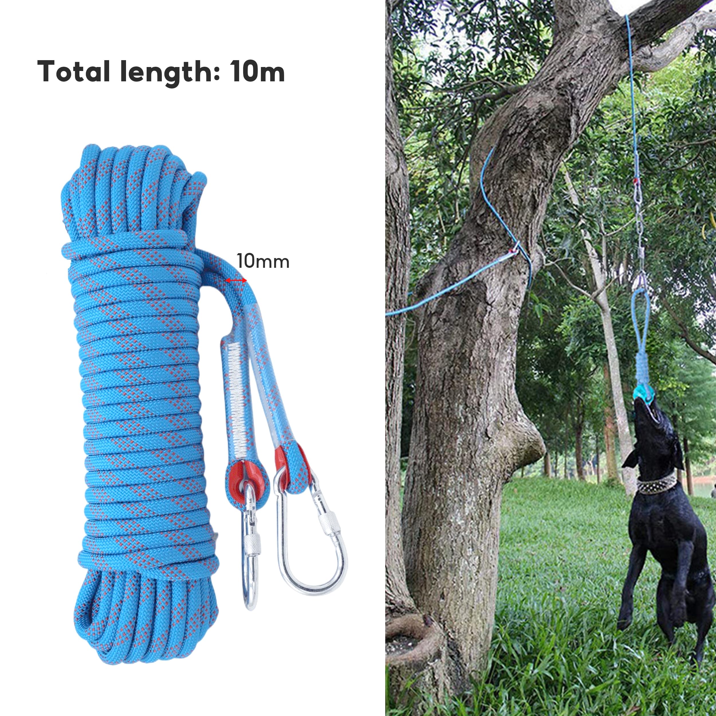 dogmoon Professional Climbing Rope, 10mmx10m Rappelling Abseiling Rope, Static Climbing Rope With Two Carabiners - Image 2