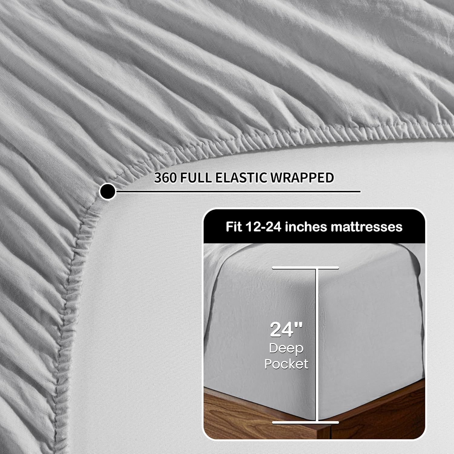 LBRO2M 100% Pure Linen Sheet Set Extra Deep Pocket Up to 24" Bed Sheets Sets, Natural Flax Beddings Soft, Breathable, Comfortable for Any Season 4 Pcs Sheet Set (California King, Grey)