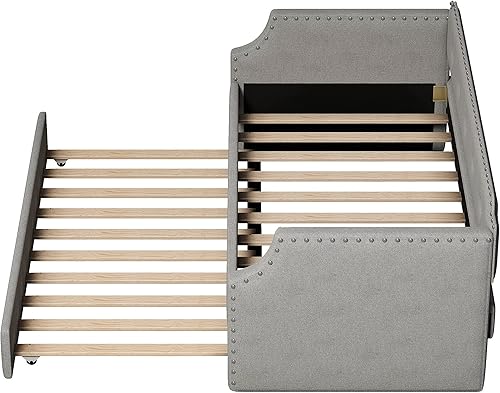 Miniatura 4 de MERITLINE Sofá cama individual con nido, sofá cama tapizado con soporte de listones de madera, marco de sofá cama de lino tamaño individual para