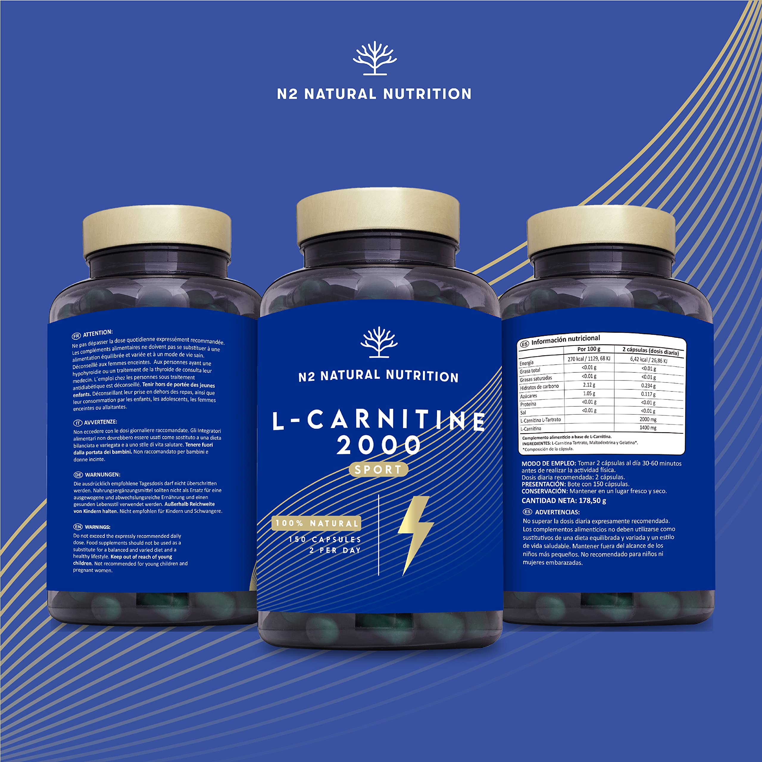 L CARNITINA 100% Natural 2000 mg, Quemagrasas Potente Para Adelgazar, 150 Cápsulas 75 días, Pre Workout Gym, Mejora Energía, Resistencia y Rendimiento. Sin Azucar. N2 Natural Nutrition