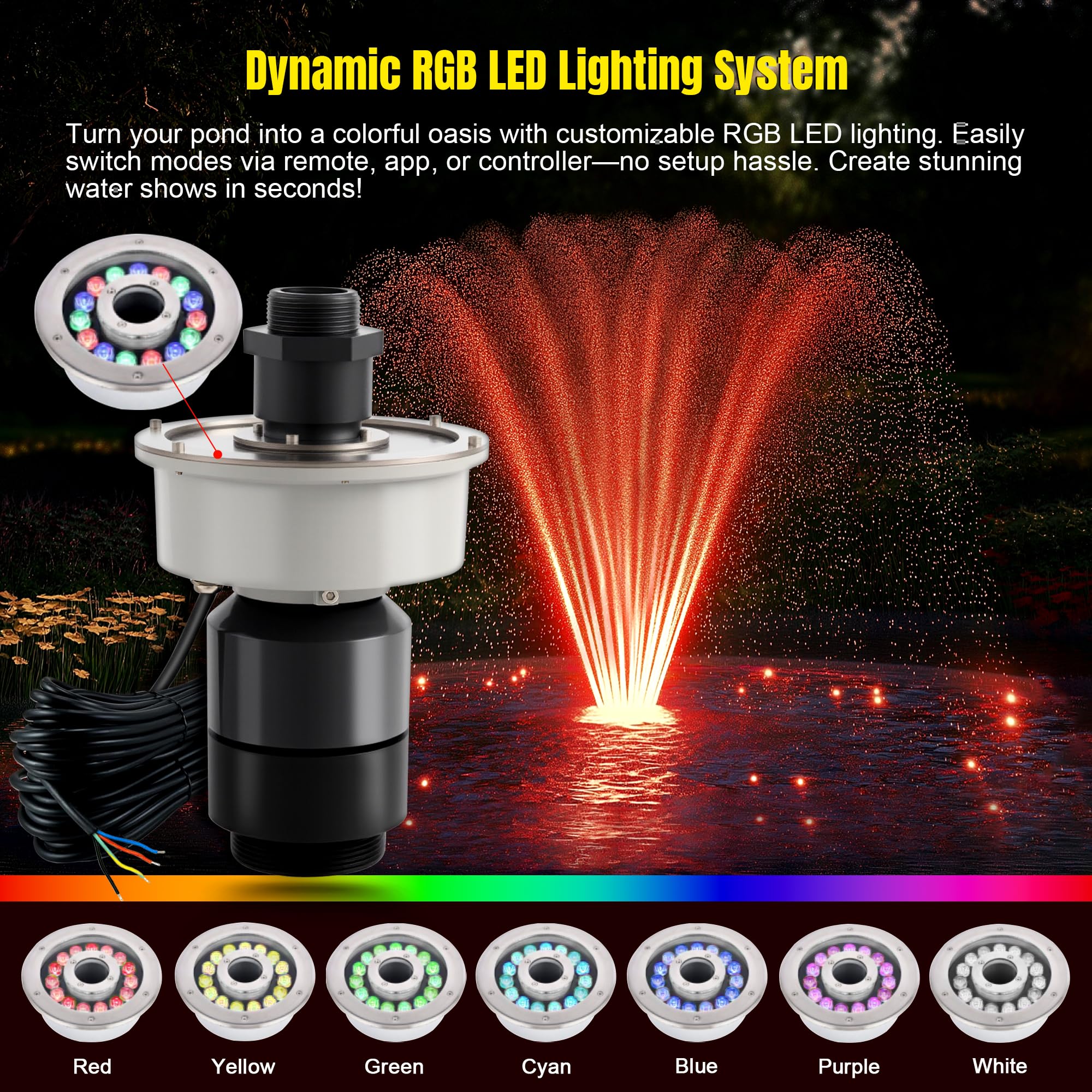 RGB LED Pond Fountain Aerator 750W with Color-Changing Light Show, 1HP 15000 GPH Floating Aerating Pump, 100ft Power Cord, Controller, APP & Remote Control, Perfect for Ponds & Lakes(120V)