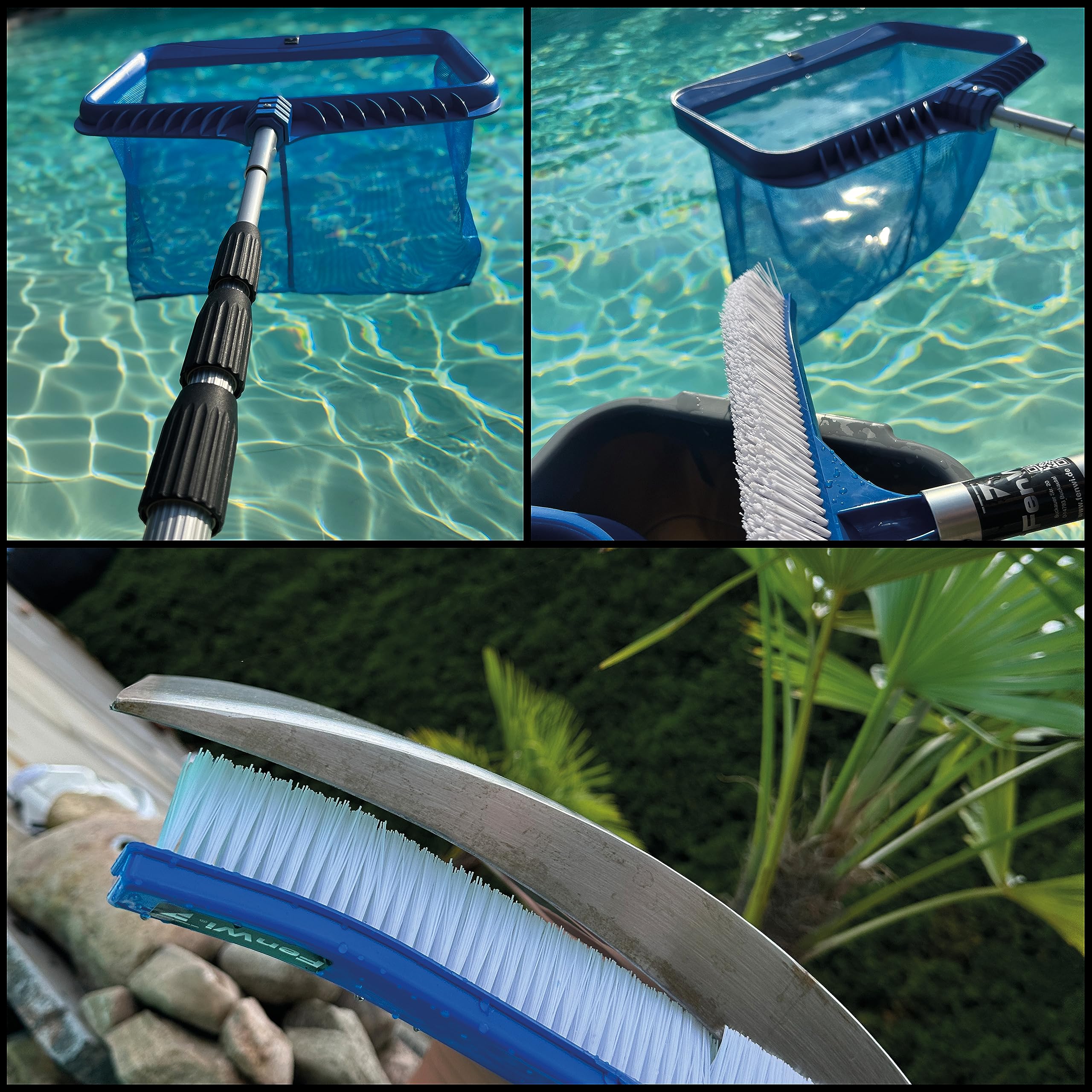 FenWi 6m Komplett Set zur Pool und Teich Reinigung und Pflege / 2X Kescher und 2X Bürste/Teleskopstange mit Oberflächenkescher Tiefenkescher Poolbürste Teichbürste