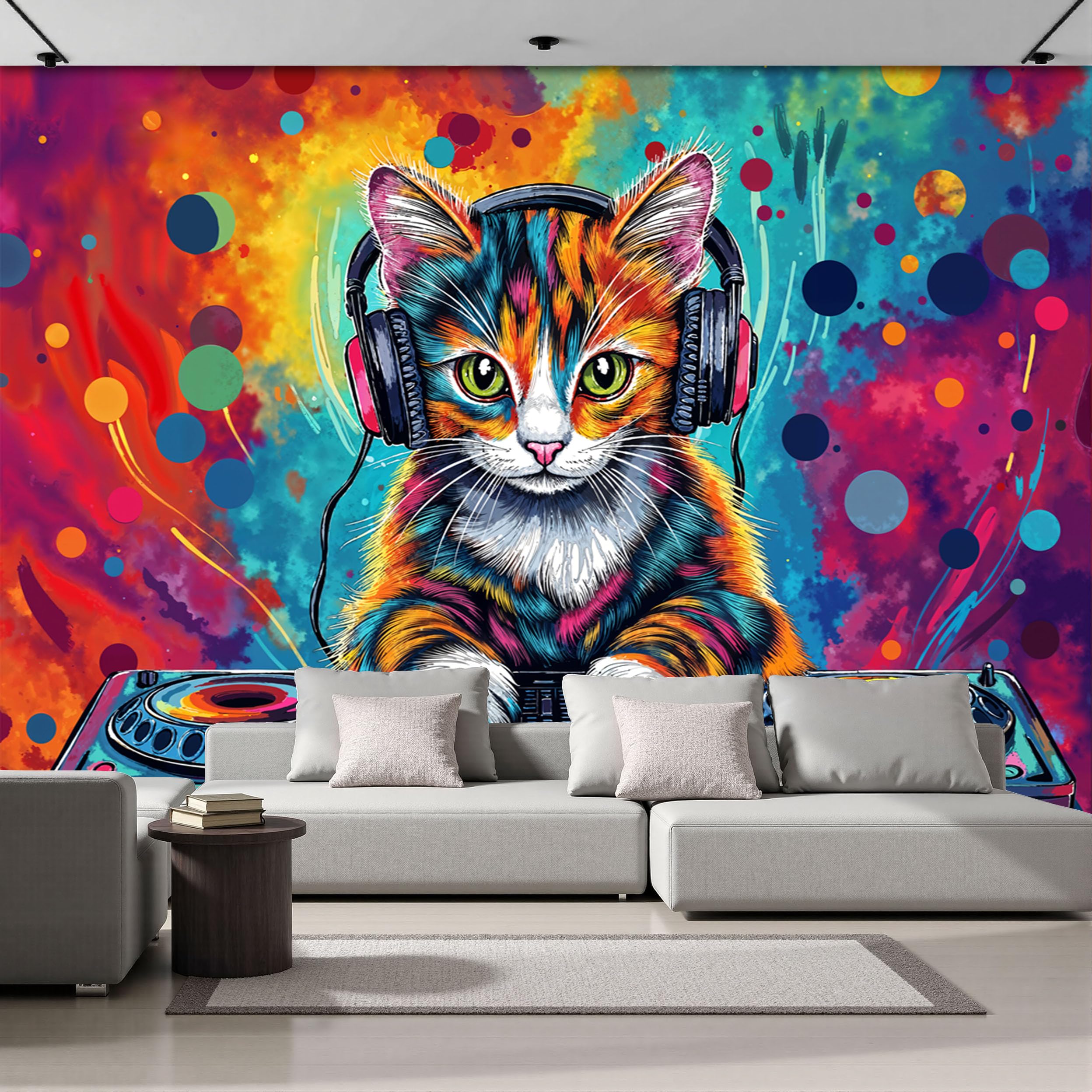 Papier Peint Intissé Dessin Animé Chat, Art Néon Graffiti Poster Tableaux Photo Muraux Utilisé Pour Salon Chambre Bureau Décoration Murale (250x175cm)