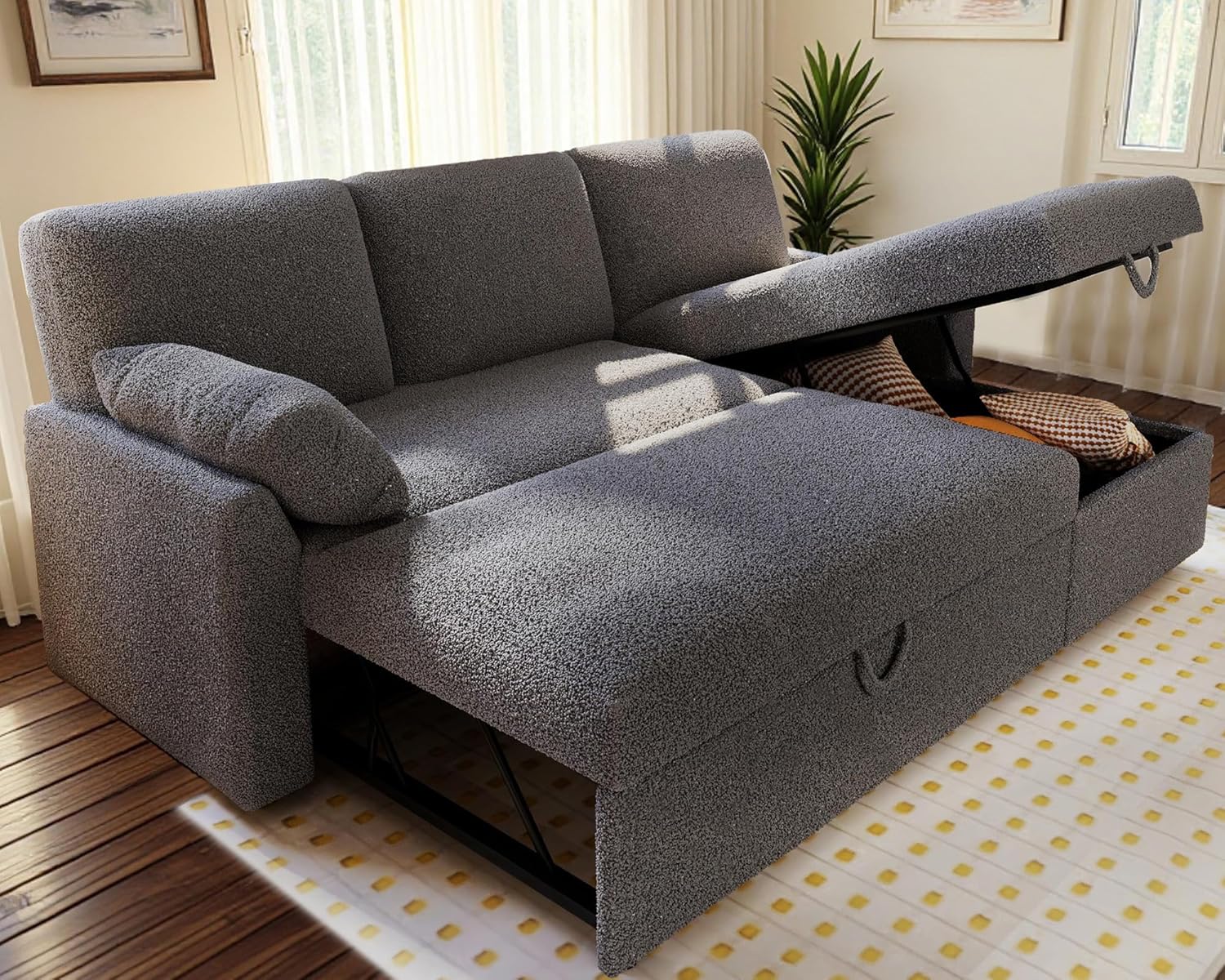 AMERLIFE Sleeper Sofa, 2-in-1 Sofa Bed with Storage Chaise, Pull Out Sofa Couch for Living Room, Guest Room, Boucle Dark Grey