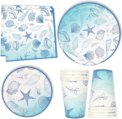 Gift Boutique 96 piezas de suministros de fiesta de estrellas de mar y conchas marinas, platos de papel, servilleta para verano, playa, mar, océano,