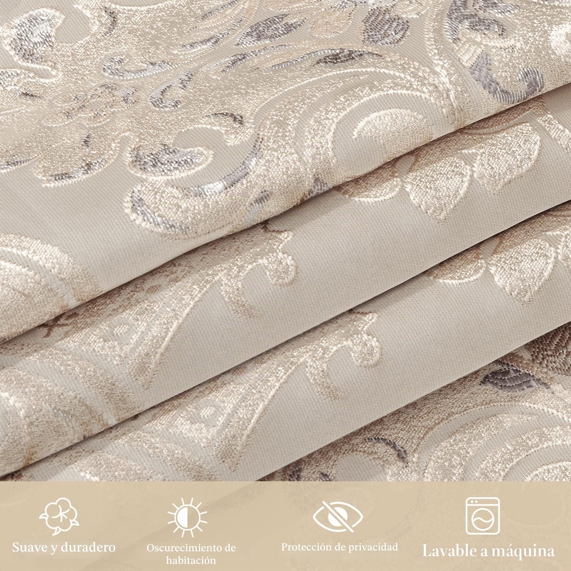 Cortinas Damasco para Ventanas, Cortinas Opacas 132x213cm para Dormitorio Salón Cocina, 2 Paneles con Cintas (Beige)