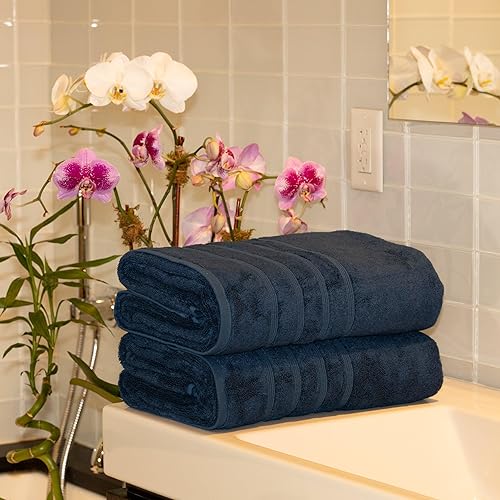 Miniatura 2 de Mosobam Juego de 2 toallas turcas de lujo de 35 x 70 pulgadas, color azul marino, 700 GSM, viscosa de bambú y algodón peinado turco del Egeo