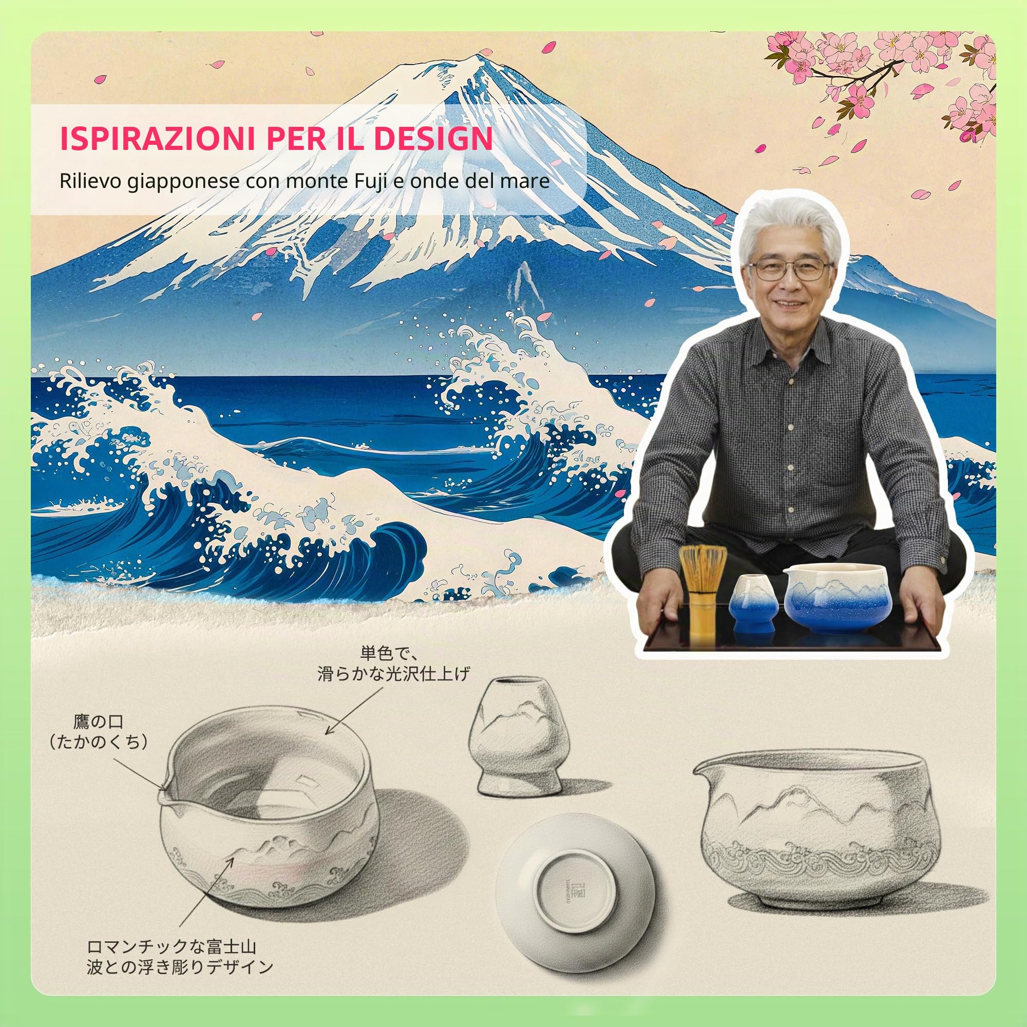 TEANAGOO MATCHA KIT, set blu per matcha, kit da cerimonia in polvere, set da tè matcha per fare latte, set di fruste e ciotola con paletta e setaccio, ciotola in ceramica design Fuji