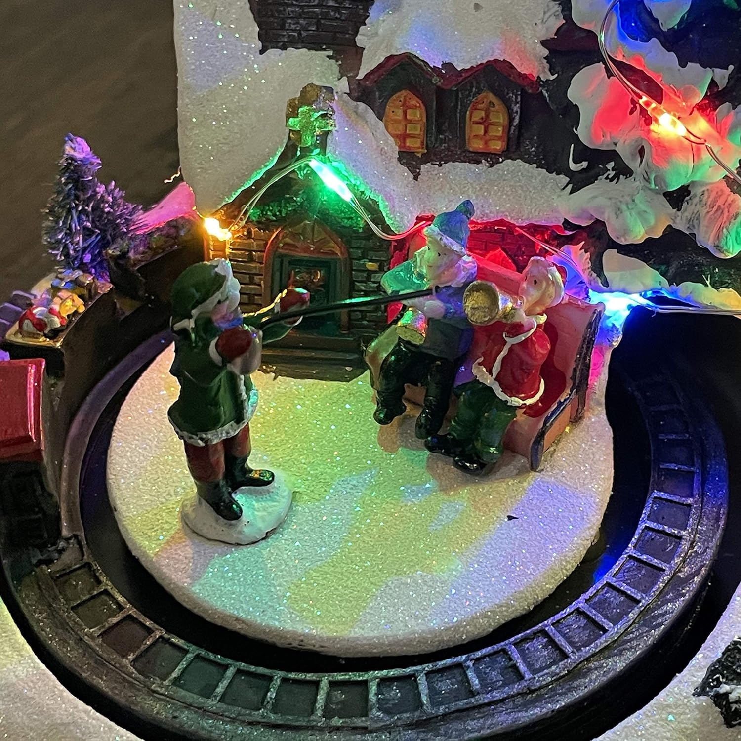 allgala Crafted Polyresin Christmas House Collectable Décor Building House Figurine with USB and Battery Dual Power Source-Moving Train and Wind Players-XH93412