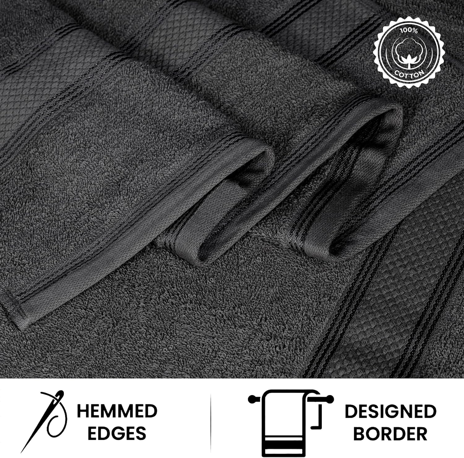 Casa Lino Bath Towel Set of 8 (2 Bath Towels, 4 Wash Cloths & 2 Hand Towels for Bathroom) - 100% Cotton - Highly Absorbent & Quick Dry - Hotel Essentials for Bathroom Set - (Charcoal Black)