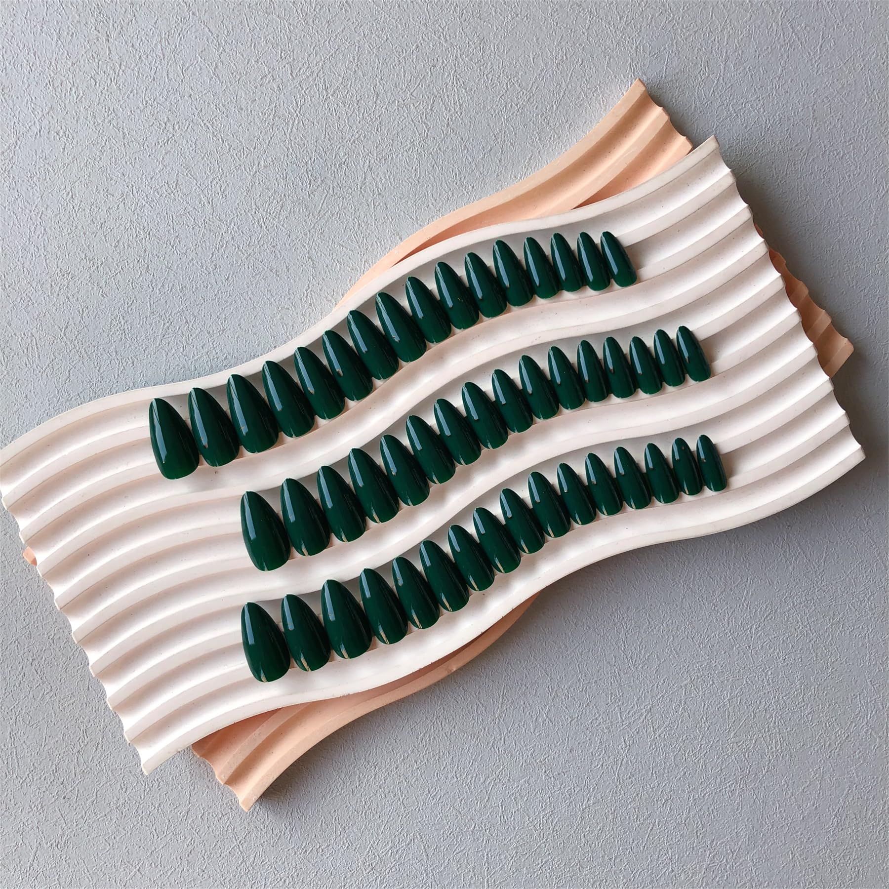 SXVME 48 Pcs Dark Green Press on Nails Almond Medium Acrylic False Nails Medium Stiletto Natural Fake Nail Set Elegant Solid Color Full Cover Glossy Gel Stick on Nails for Women Daily Wear - Image 4