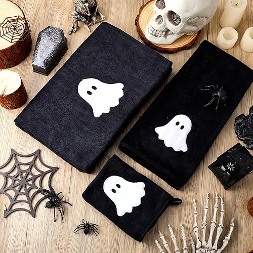 Miniatura 4 de Peryiter Juego de 6 toallas de baño de Halloween de algodón bordado de fantasma, toallas de mano de fantasma blanco y negro, absorbentes y suaves