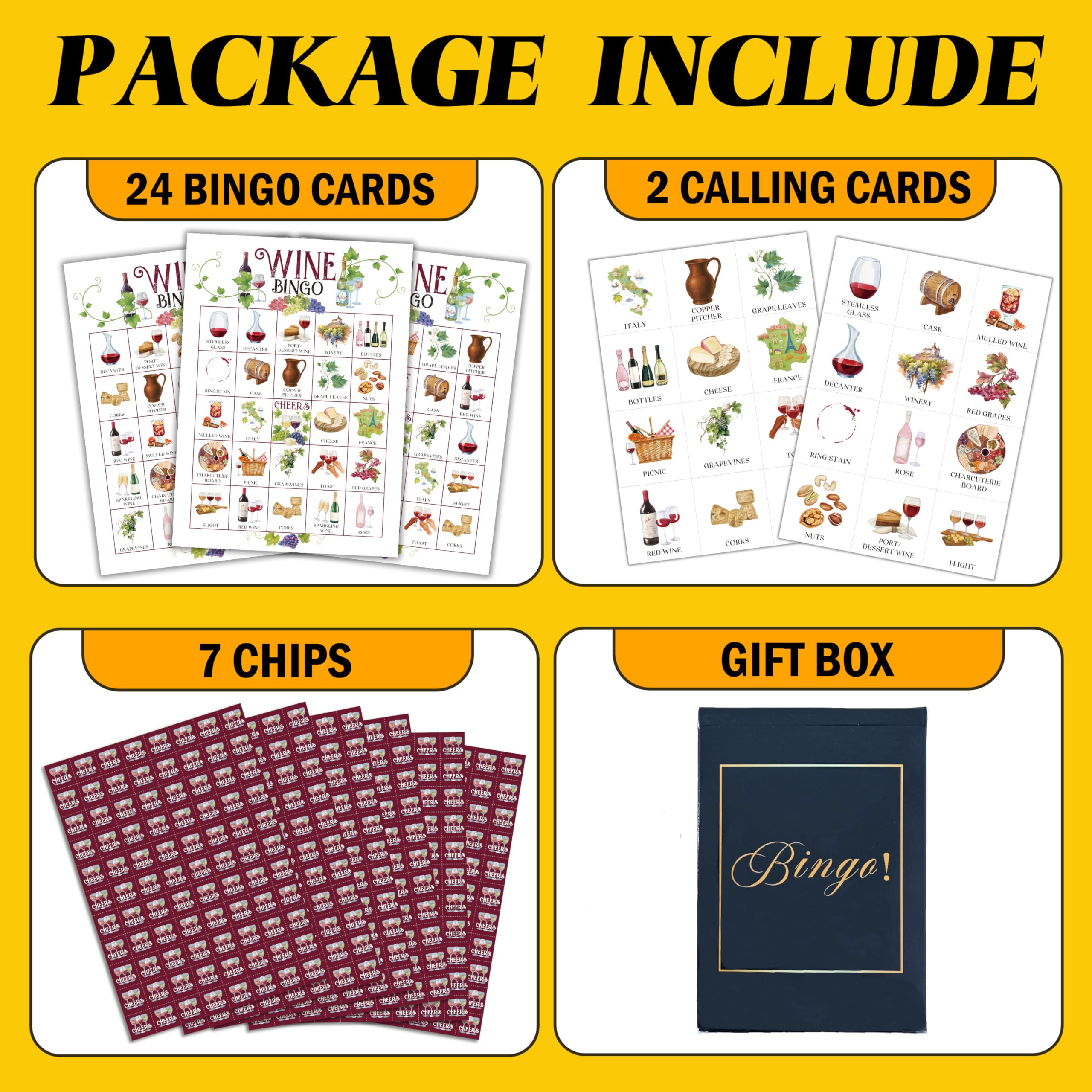 Juego de bingo de vino, tarjetas de juego de fiesta de cata de vino para adultos, 24 jugadores, actividades de alegría para familiares, amigos, bodega, despedida de soltera o despedida de