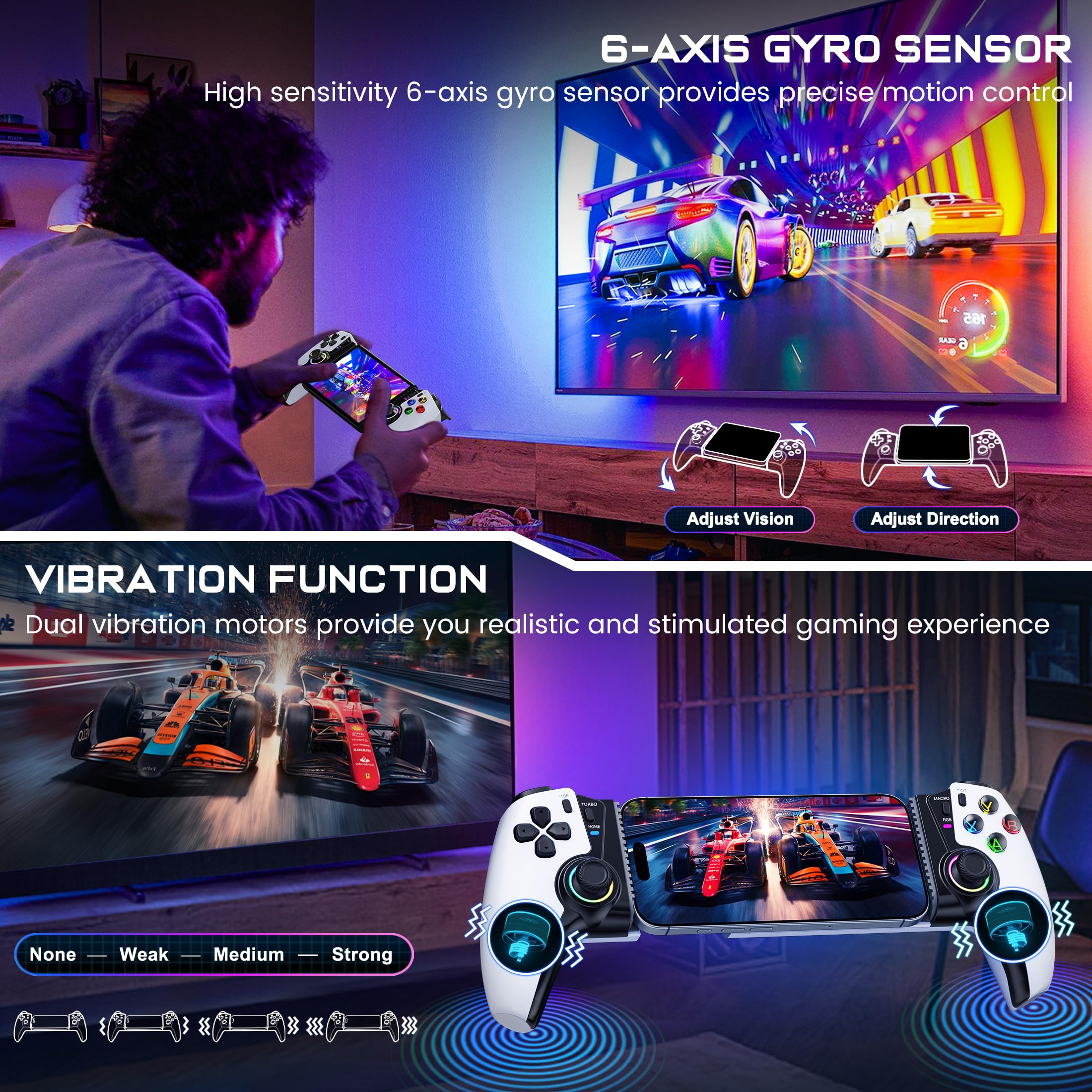 KICKDOT Controller wireless per iPhone/Android/iPad mini con joystick Hall, controller di gioco mobile a LED per iOS Supporto Xbox Cloud, Steam Link, GeForce Now, Arcade, Call of Duty, Roblox