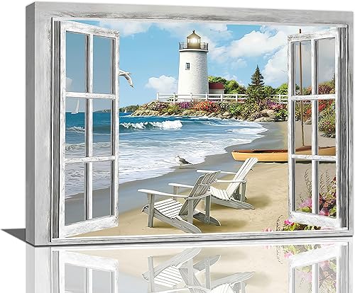 reoqeosy Faro costero decoración de baño, arte de pared náutico de playa, decoración de pared de paisaje junto al mar, lienzo, pintura enmarcada