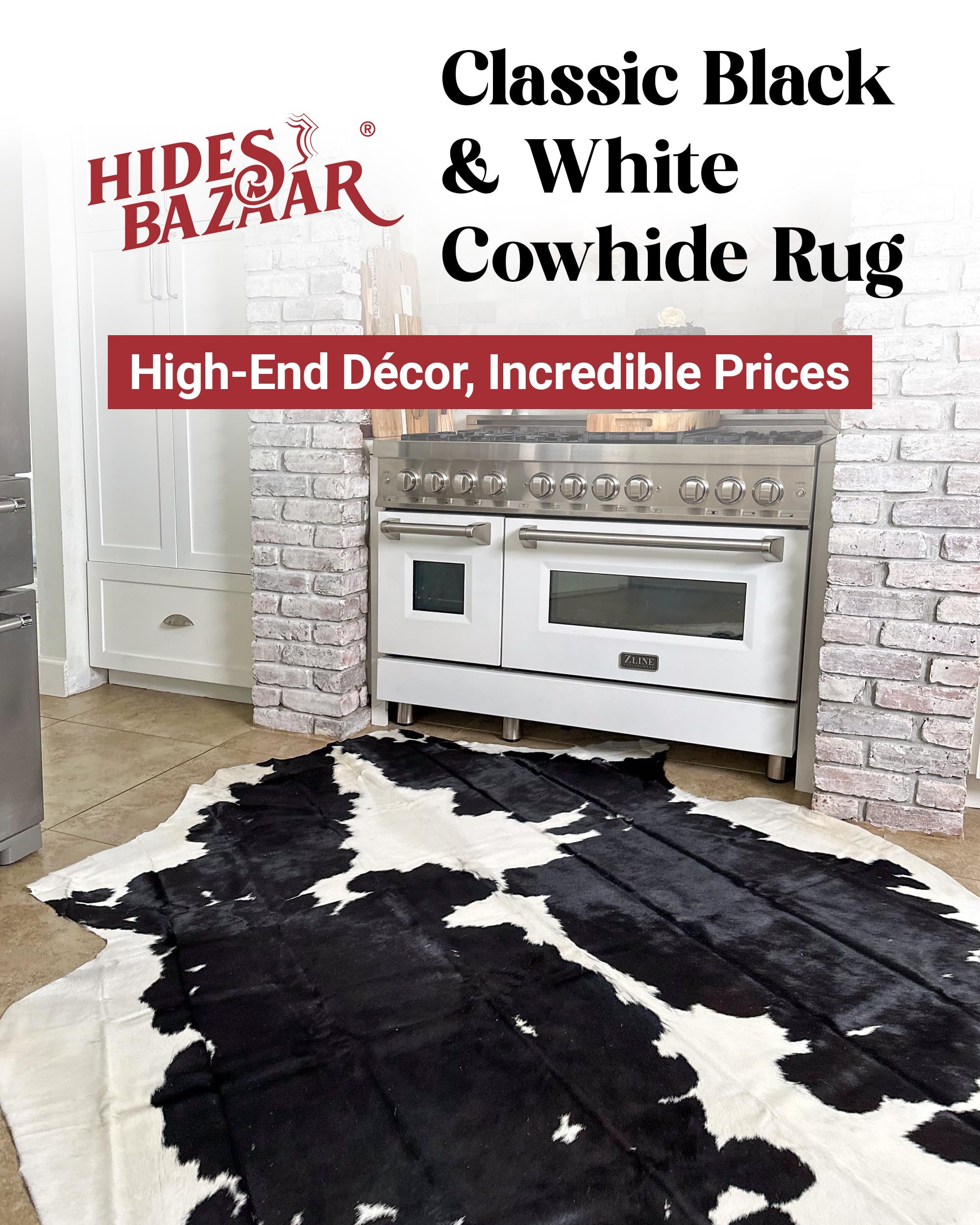 Amazon | HIDES BAZAAR クラシック 白黒牛革ラグ、プレミアム