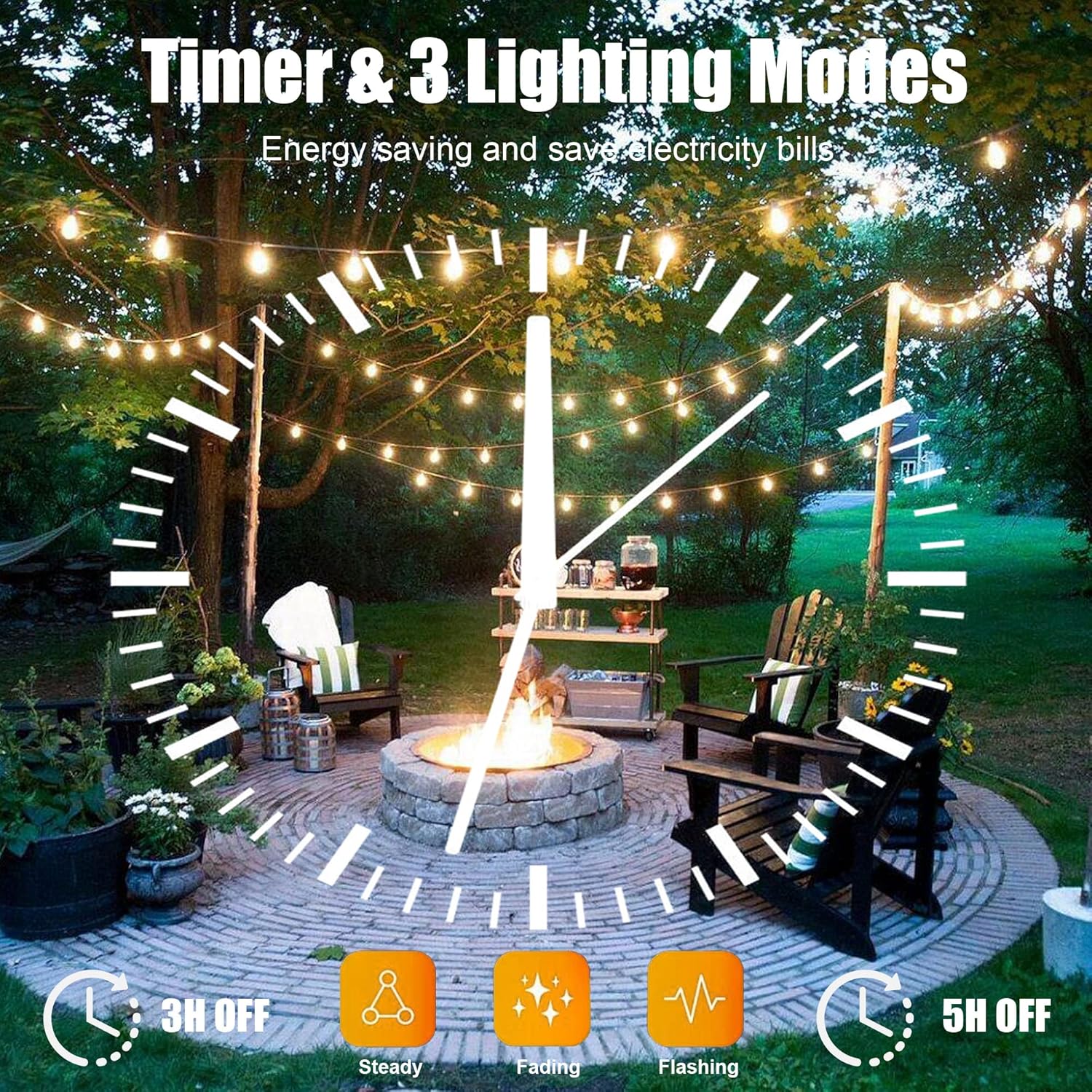 Patio string lights with a clock graphic, indicating 3-hour and 5-hour timer settings, and steady, fading, and flashing light modes.