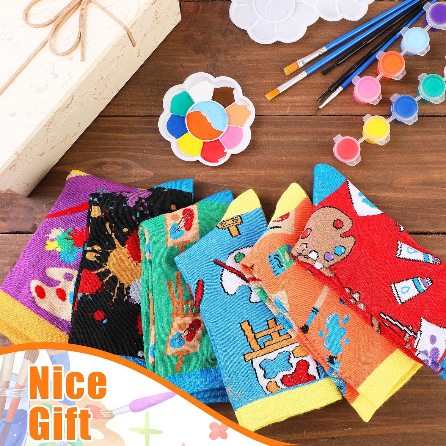 Suhine 6 Pairs Artist Socks for Women Men Funny Painter Socks with Palette Drawing Board Paintbrush Designs Art Gifts for Art Lovers Drawers Teachers Friends Families Birthday - Image 3