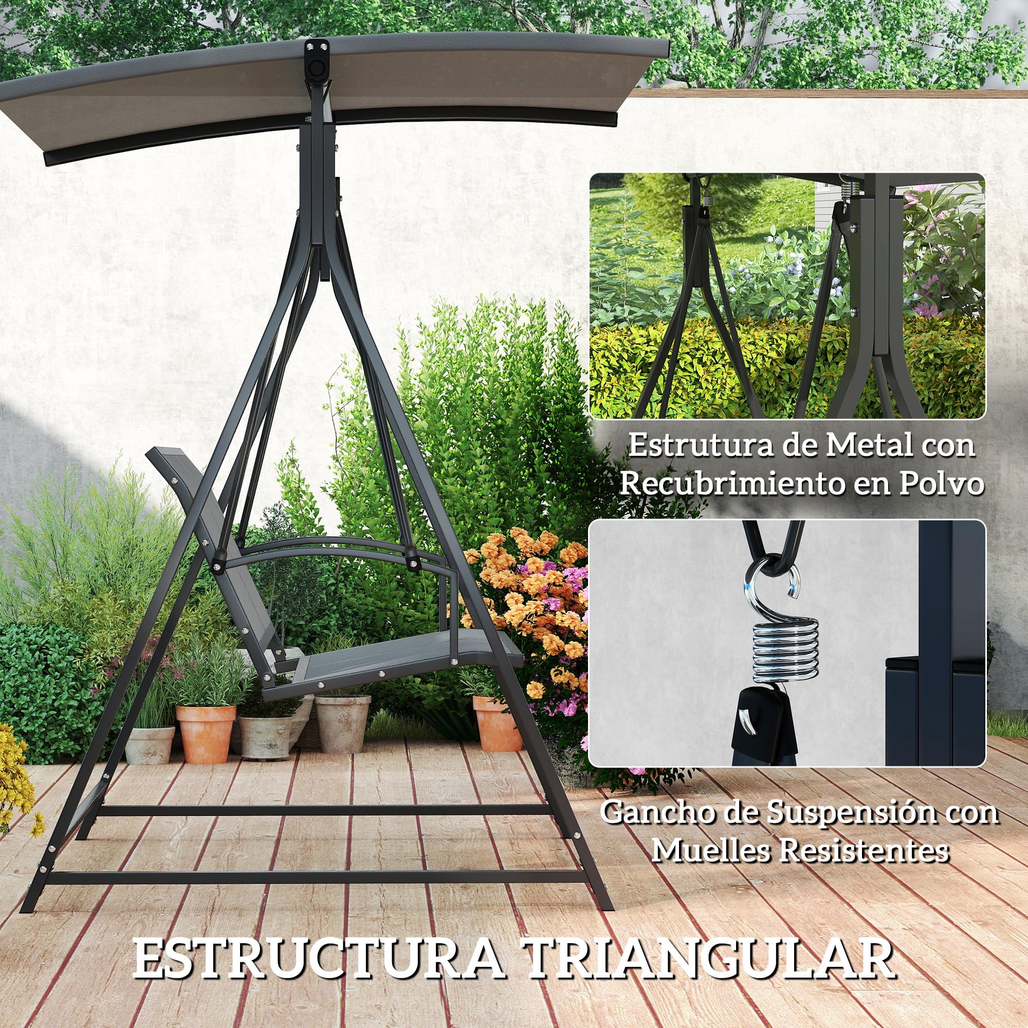 Outsunny Columpio de Jardín Exterior de 2 Plazas Balancín de Jardín Exterior con Toldo Ajustable 90° Protección UV 30+ y Estructura Triangular de Metal Carga 220 kg 160x112x162 cm Gris Oscuro