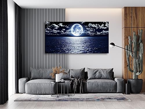 Miniatura 5 de Cao Gen Decor Art S06950 - Lienzo decorativo para pared, diseño de luna, mar, océano, paisaje, 1 panel, luna llena en nube, cuadros estirados y