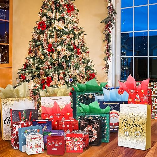 Miniatura 7 de Abbylike 36 juegos de bolsas de regalo de papel de Navidad con asa, tamaños surtidos con etiquetas de regalo y papel de seda, bolsa de regalo gruesa