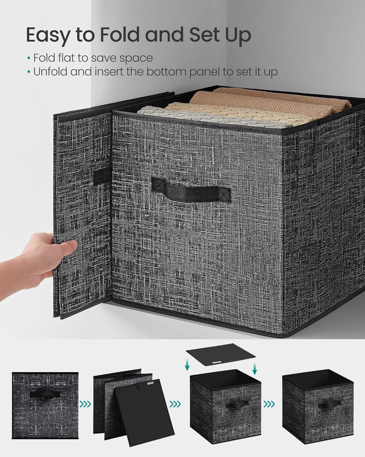 Step-by-step visual guide showing how to unfold a storage cube and insert the bottom panel for setup.