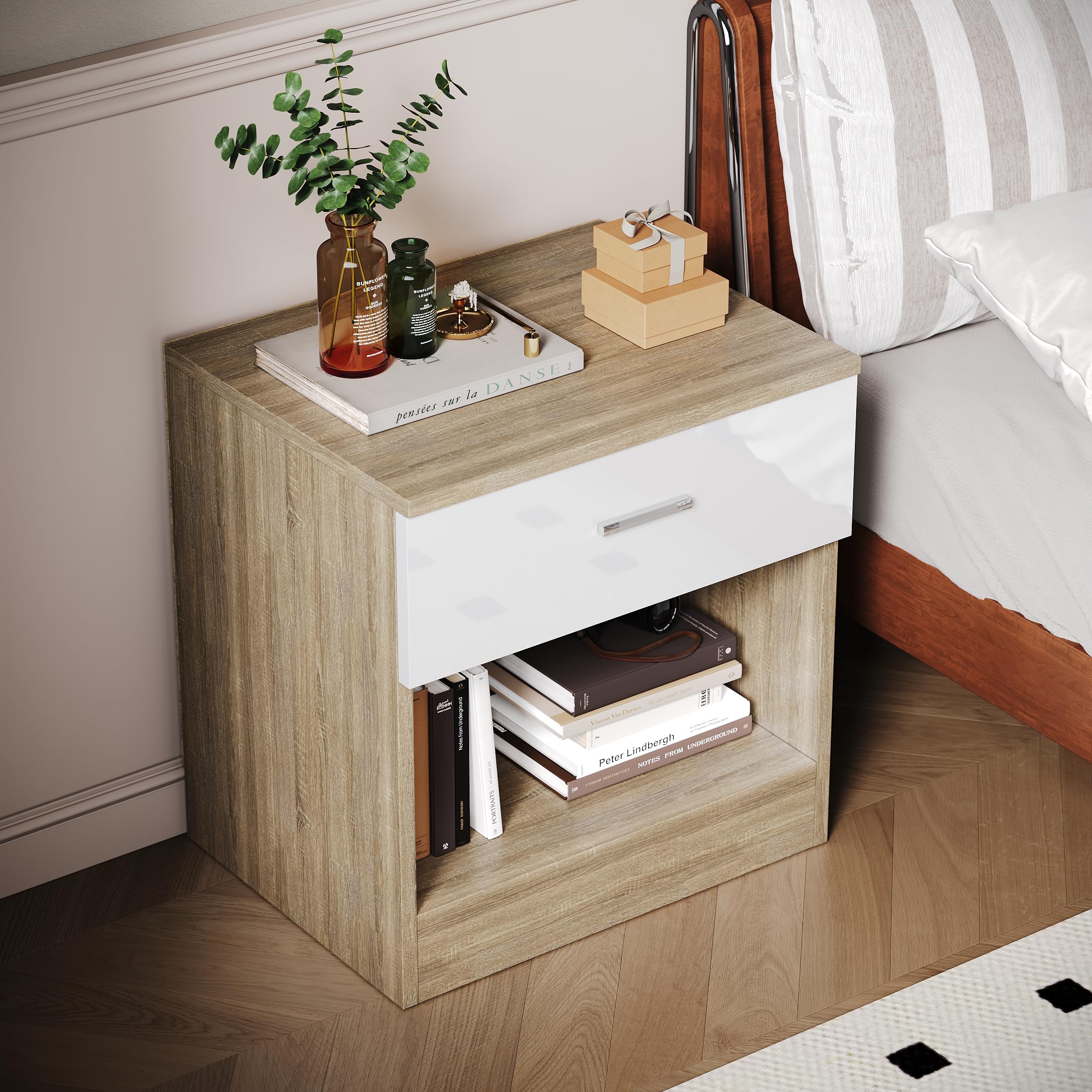 ELEGANT Modern High Gloss Bedside Cabinet Night Stand Storage Shelf with Bin Drawer, for Bedroom or Home Storage Organizer, White/Oak