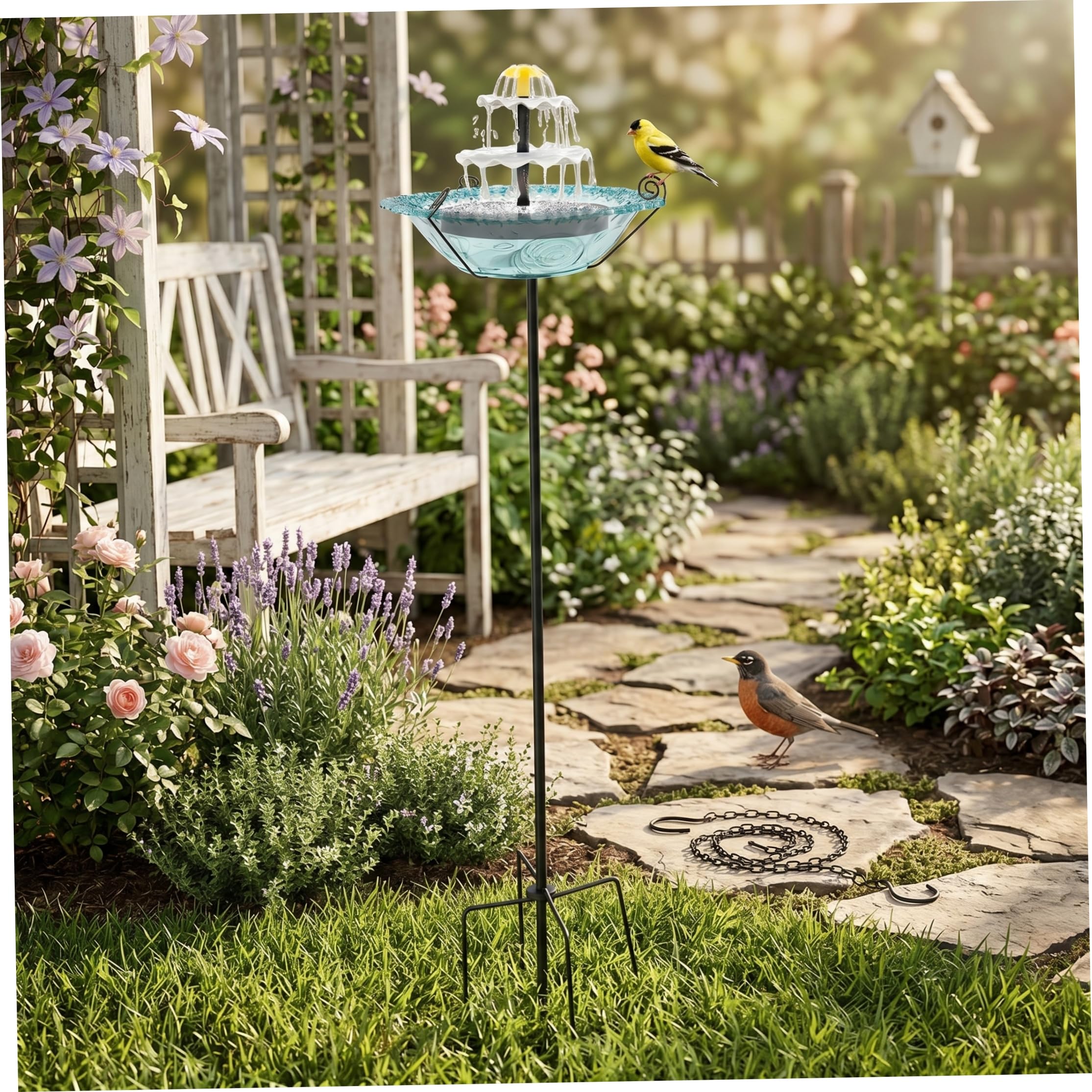 Solar Bird Bath Fountain, 10 Inch Bird Bath Bowl with Stake & Solar Power Fountains Cascading Water Feature Garden Yard Decor, Blue, Fountain