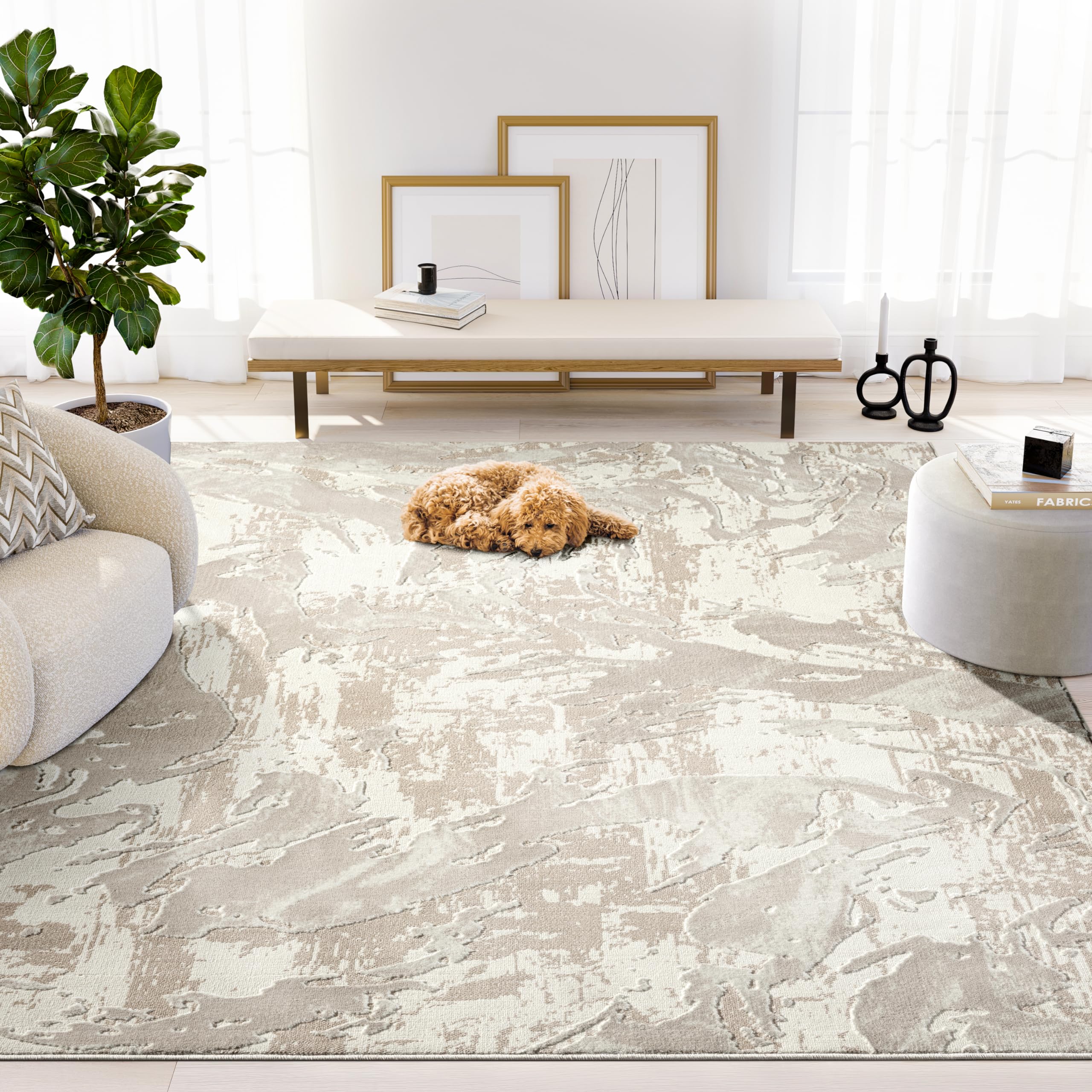 Abani Terra Cream 8' x 10' Area Rug for Living Room, Bedroom - Abstract Wavy Pattern - Durable & Easy to Clean