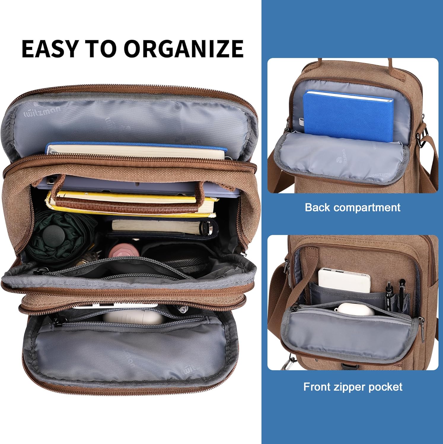 WITZMAN Crossbody Bag for Men Canvas Messenger Bags Vintage Man Purse Small Casual Shoulder Bag for Work Traveling（A8014 Brown） - Image 4