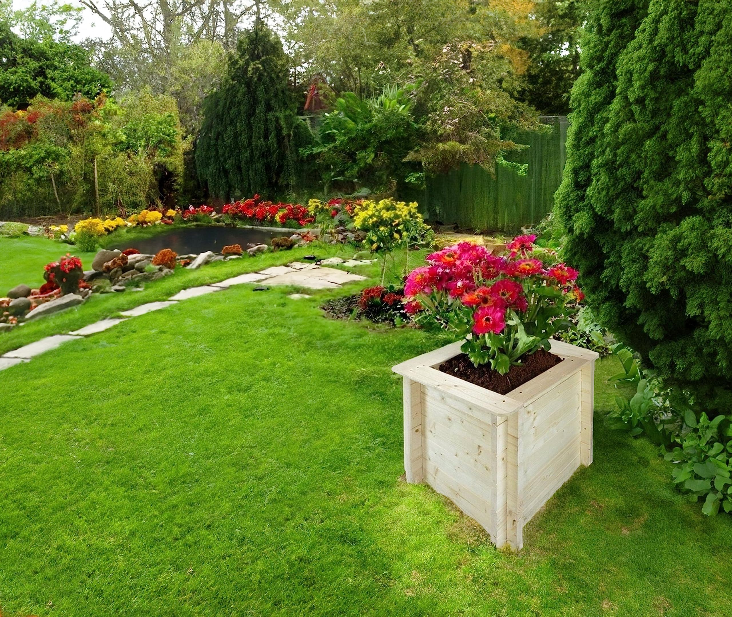 TIMBELA Carre Potager Exterieur Bois - Jardinieres Exterieur pour Jardin, Balcon, Terrasse – pour Fleurs, Herbes aromatiques, Légumes- Bois Massif pin/épicéa 28 mm, 58x58xH57 cm, M618