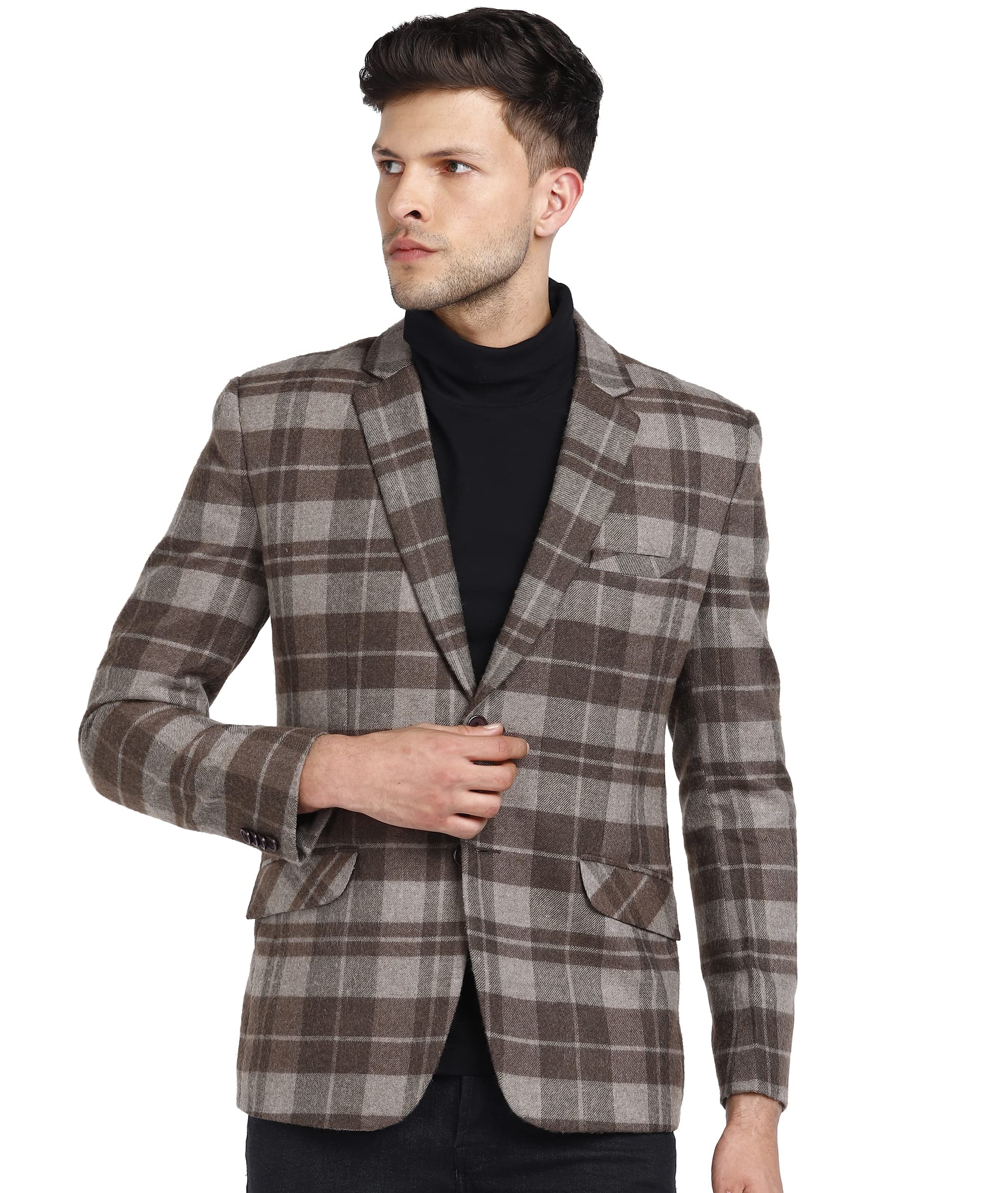 essentiele Men's Brown Checkered Tweed Casual and Festive Blazer-picture-54