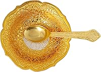 Vista 7 de SATVIK - Juego de 1 tazón de fuente para servir en relieve con diseño de flores de loto bañadas en oro y plata, con cuchara, para Navidad