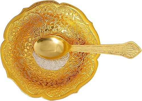 Miniatura 8 de SATVIK - Juego de 1 tazón de fuente para servir en relieve con diseño de flores de loto bañadas en oro y plata, con cuchara, para Navidad,