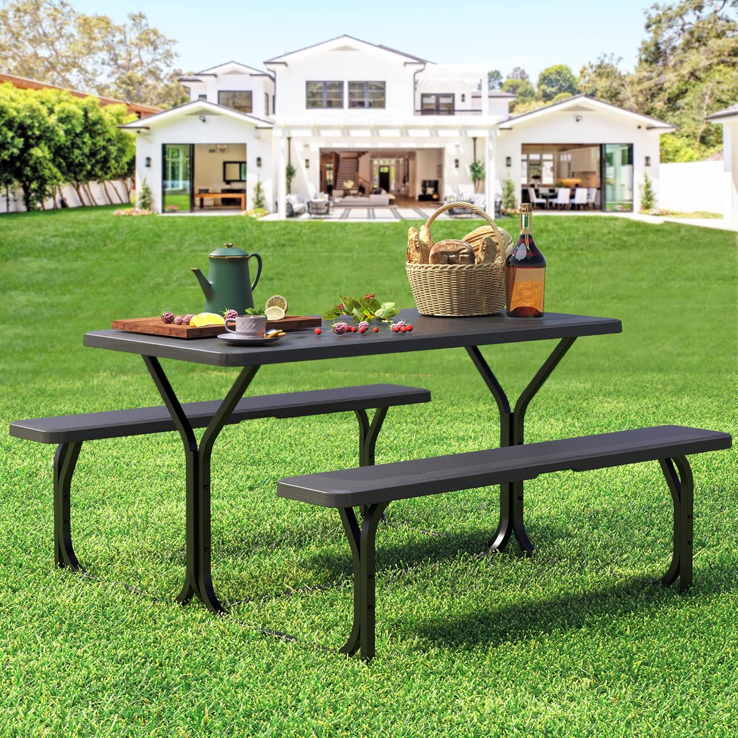 YITAHOME Picnic Table Heavy Duty Outdoor Picnic Table and Bench with Weather Resistant Resin Tabletop & Stable Steel Frame for Yard Patio Lawn Party Black Picnic Table Set 4.5 Ft Black