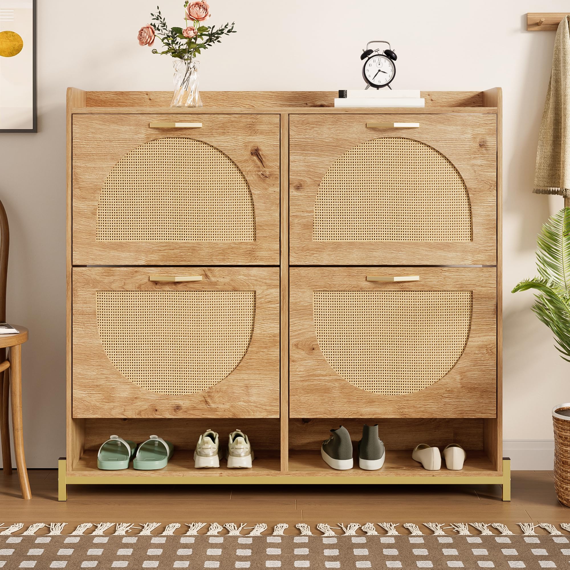 BTM Moderner Schuhschrank mit Rattantüren Schuh Schrank aus Holzl Schuhkipper, Metallrahmen, Sideboard Flurmöbel