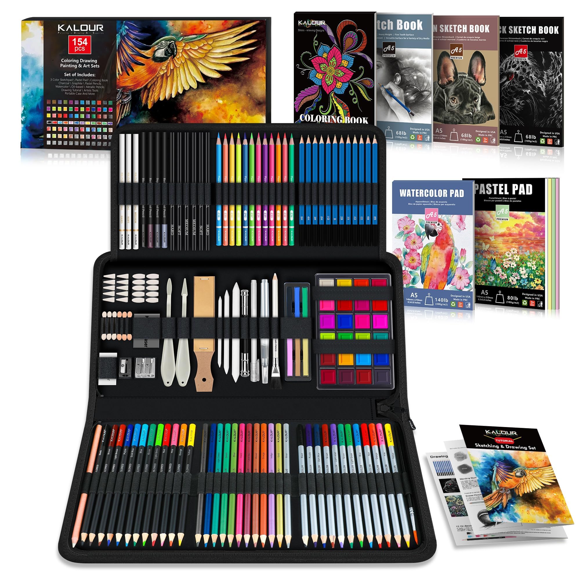 KALOUR 154PCS Artists Art Supplies - Drawing Kit with 6 Sketchbook,Tutorial,Coloring Paper - Graphite,Colored, Charcoal, Watercolor & Metallic Pencils - for Artists and Beginners