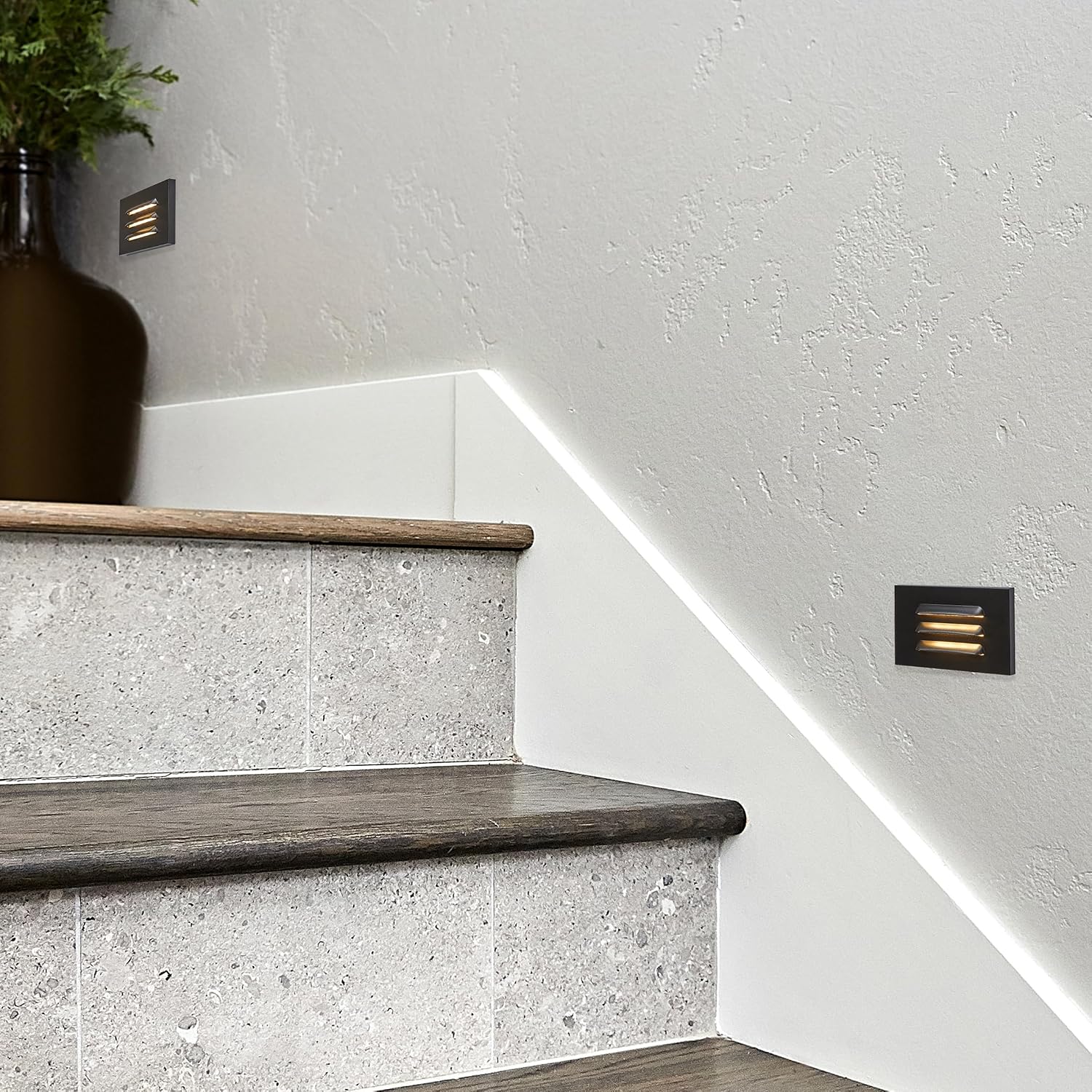 Maxxima Horizontal Grated LED Step Light, 3 CCT, 45 Lumens, Black, 2-Pack | Indoor/Outdoor Stair Light, 5 Color Selectable 2700K-5000K, Rated for Outdoor & Damp Locations