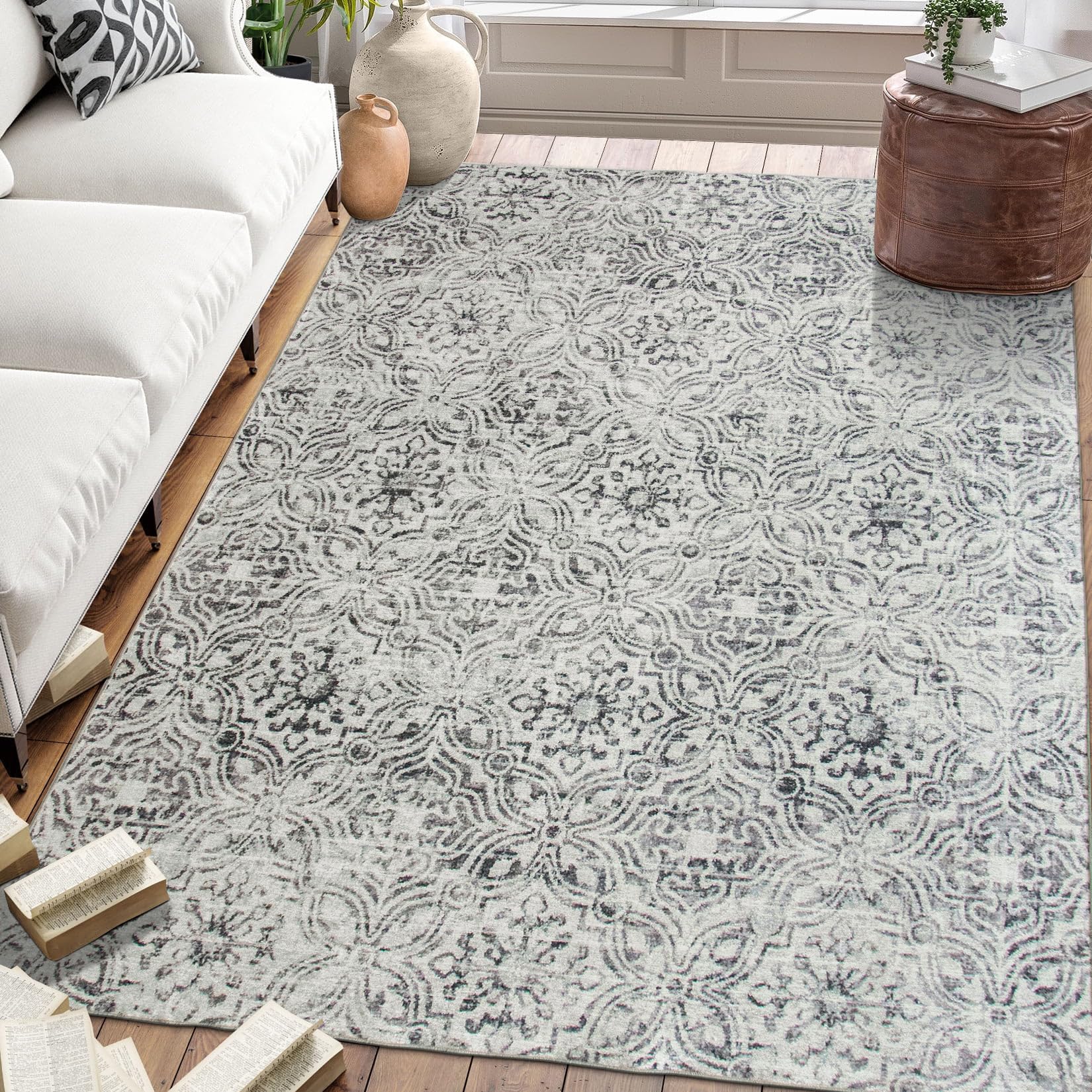 realife machine washable area rug - living room bedroom bathroom kitchen entryway office - non slip low pile stain resistant premium - geometric moroccan tribal - eli - gray 4' x 6'