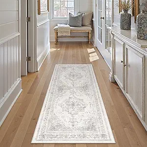 Runner Rug 2x6 Washable Light Gray Hallway Runner Vintage Boho Medallion Non Slip Grey Distressed Retro Carpet Indoor Low Pile Long Soft Rug for Kitchen Entryway Bedroom Bathroom Laundry