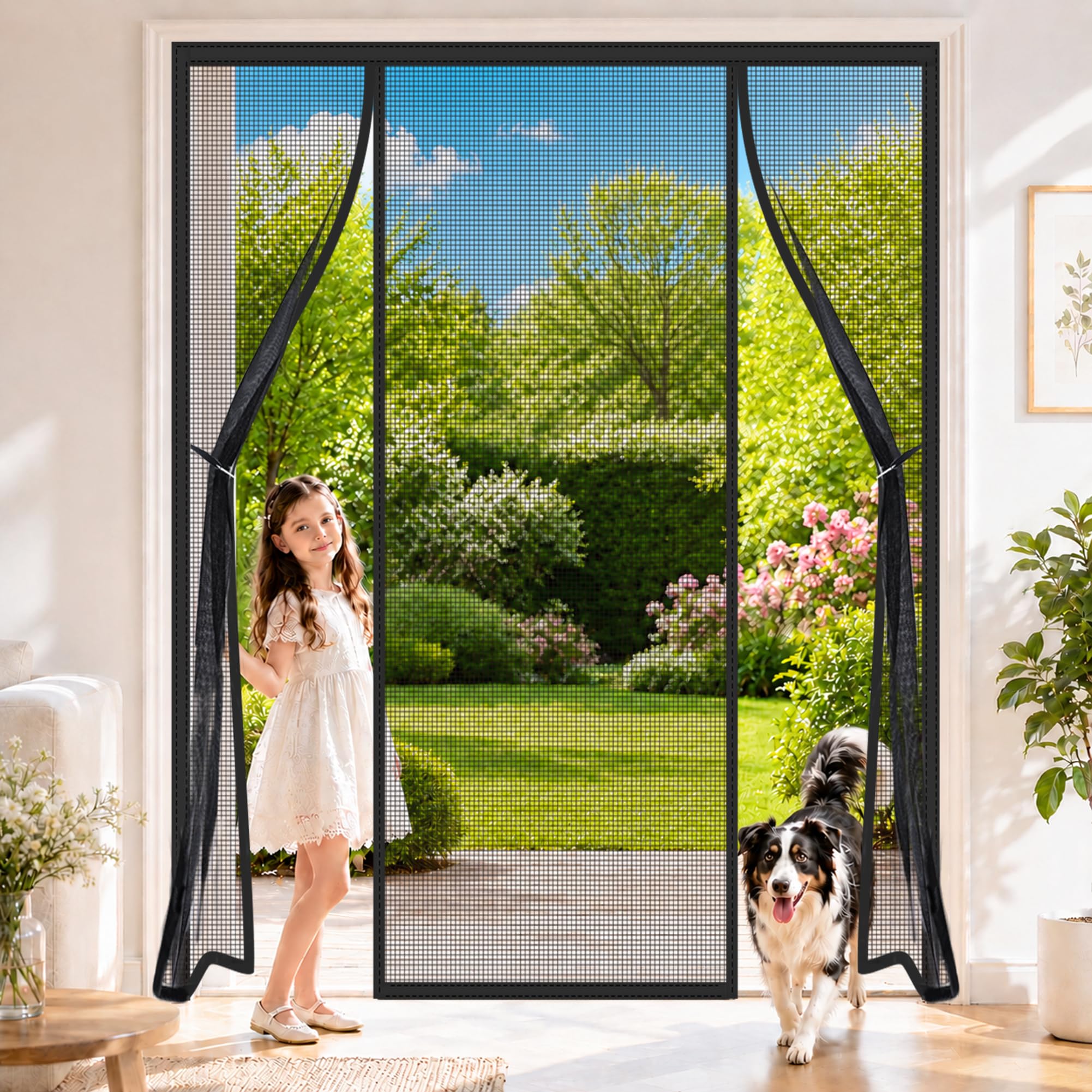 Double Screen Doors Black 170x205cm Damage-Free Setup with Adhesive Strips for Elegant Transitions Between Indoor Rooms and Outdoor terraces
