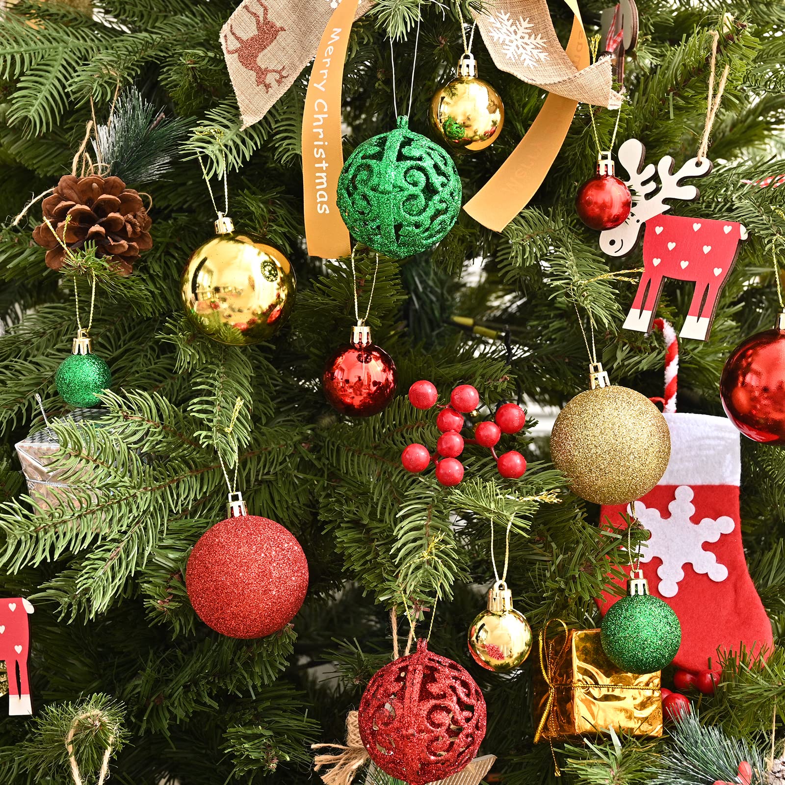Paquete de 2 x 30 piezas = 60 bolas de árbol de Navidad de 2.36 pulgadas, adornos de bolas de Navidad doradas, rojas y verdes para árbol de Navidad, decoraciones colgantes inastillables para