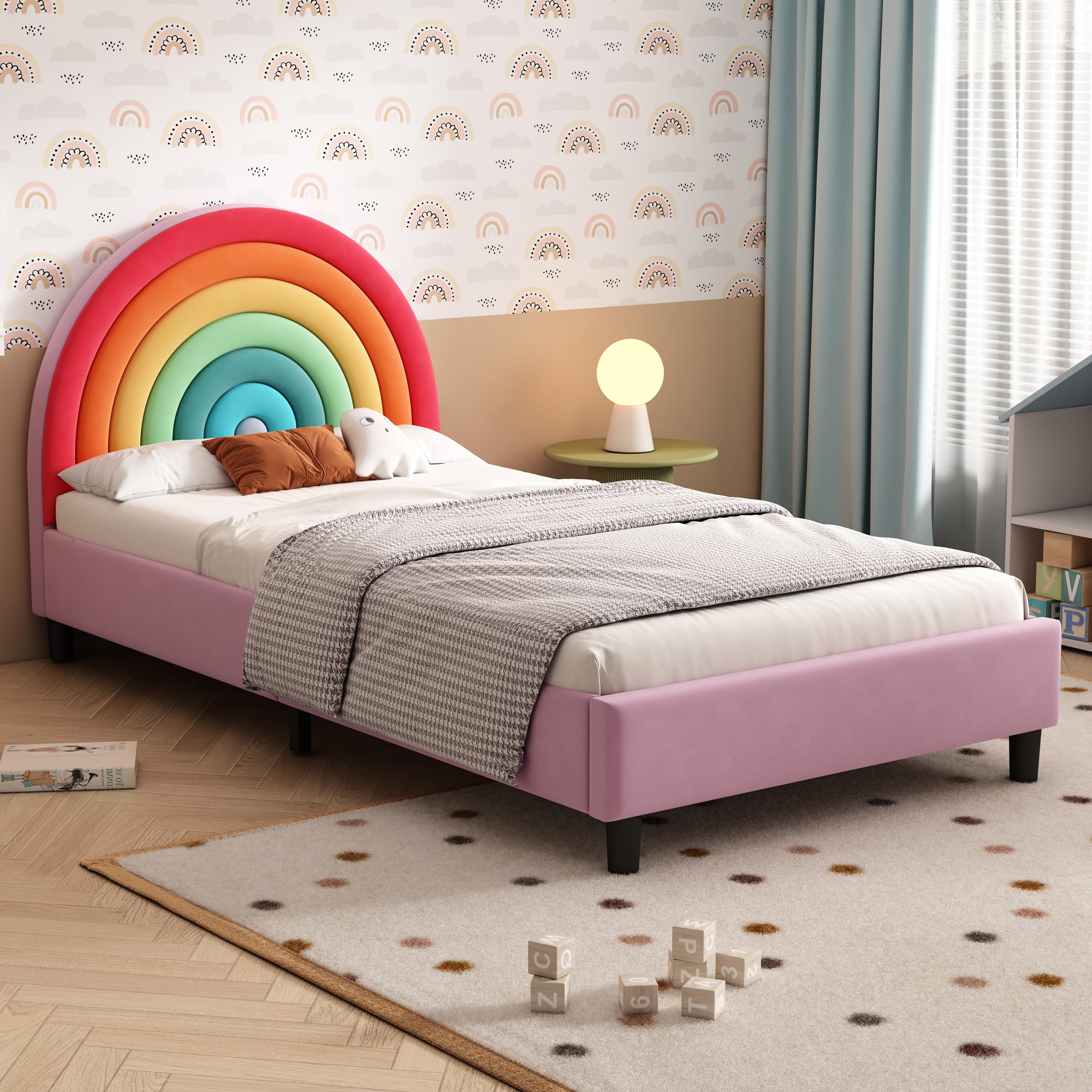 SOFTSEA Rainbow Design Platform Bed, Cute Style Princess Bed for Teens Girls, Twin Size Wood Bed Frame with Upholstered Headboard for Bedroom, Rainbow Shaped Upholstered Bed for Kids, Colorful & Pink