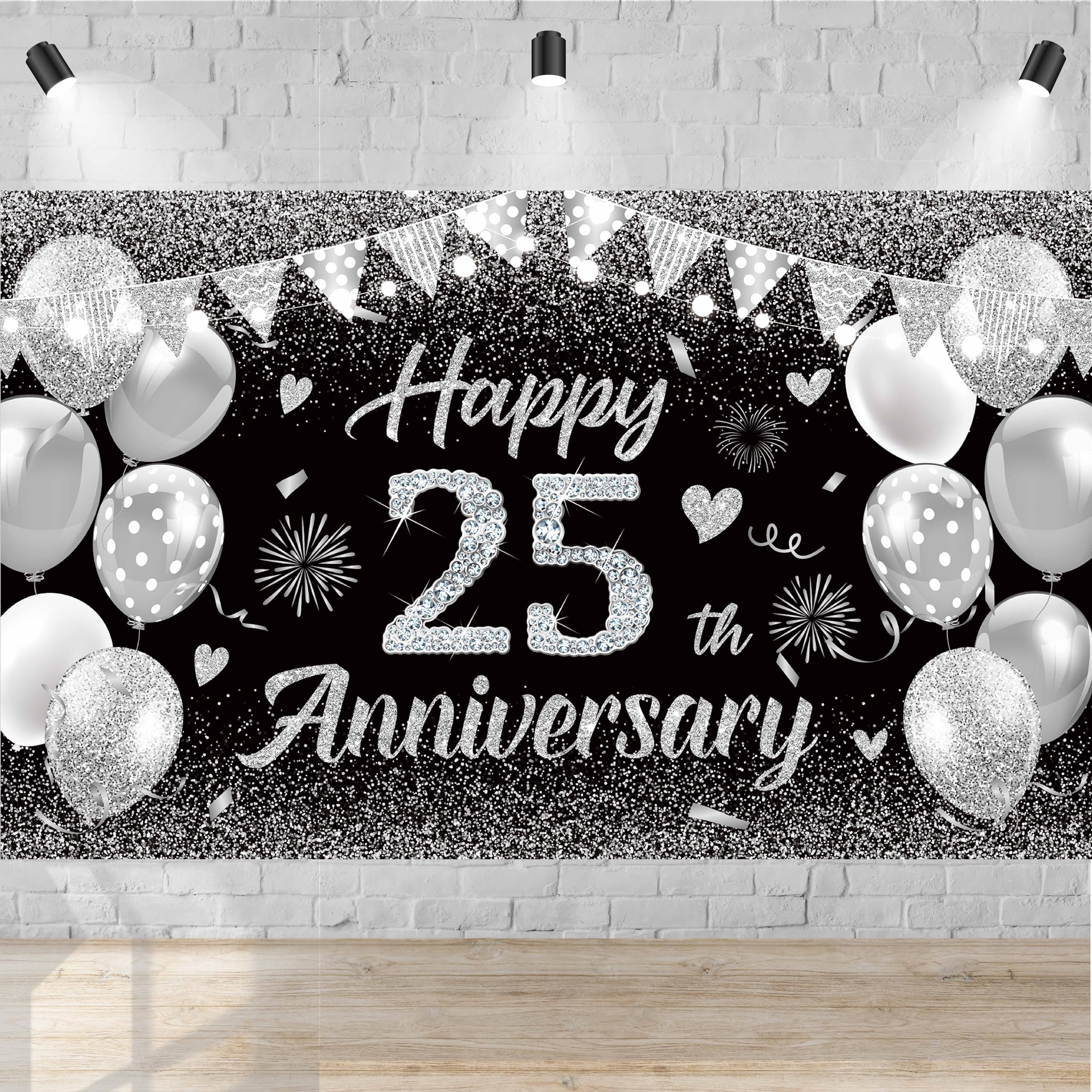 Happy 25th Anniversary Banner - Silver & Black Wedding Anniversary Decorations, 71x43 Inches Large Backdrop for Photo Booth & Party Decor, Wedding