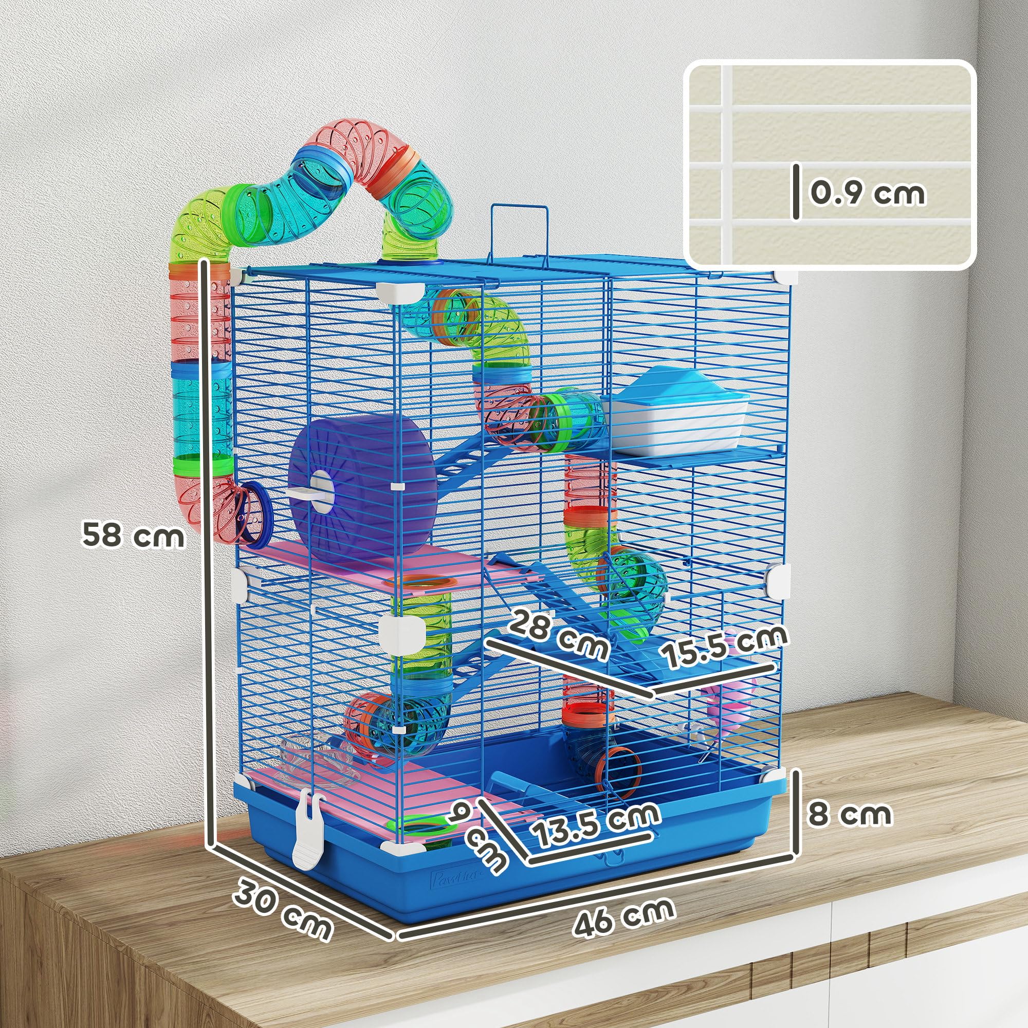 PawHut Gabbia per Criceti a 5 Livelli con Tubi, Ruota, Casetta, Scale e Bottiglia, Gabbietta per Roditori in Metallo e Plastica, 46x30x58 cm, Blu Scuro