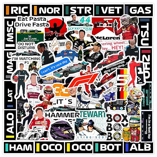 CodersParadise Pack of 60 F1 Formula One Racing Vinyl Stickers for Laptop, Journal, Bike Helmet, Diary, Guitar, Mobile Case - Waterproof Residue Free Stickers.