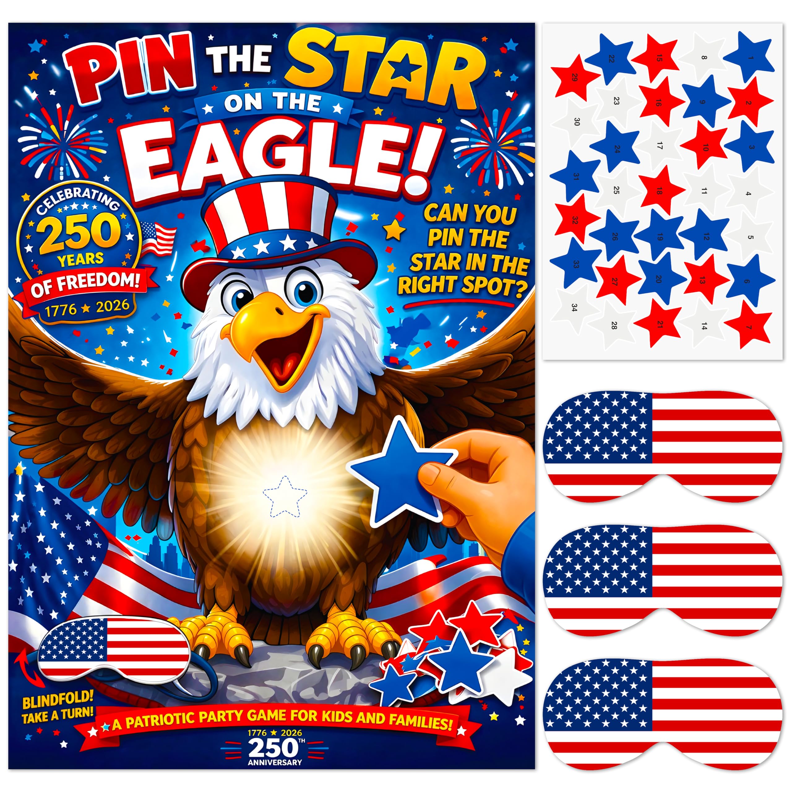 Pin the Star on the Eagle USA 250th Anniversary Party Game – A1 Patriotic Poster with 34 Red White & Blue Star Stickers, 3 USA Blindfolds & American Eagle Party Decorations